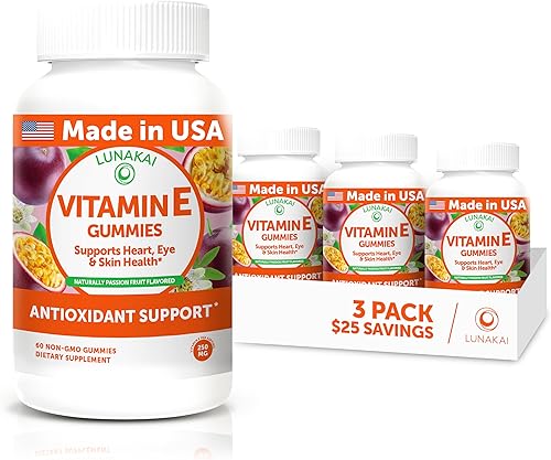 Lunakai Gomitas de vitamina E fabricadas en Estados Unidos de 400 UI con vitamina C, suplemento delicioso, vegano, sin OMG para soporte diario de la