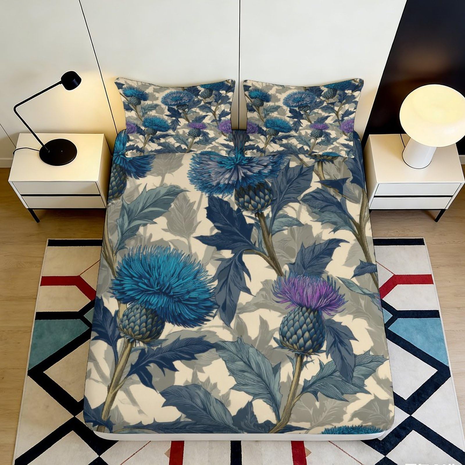 3D Printed Blue Thistle Fitted Sheet Microfiber Soft Floral Mattress Cover for Bedroom Dorm Decorative Protection 90x200x25cm