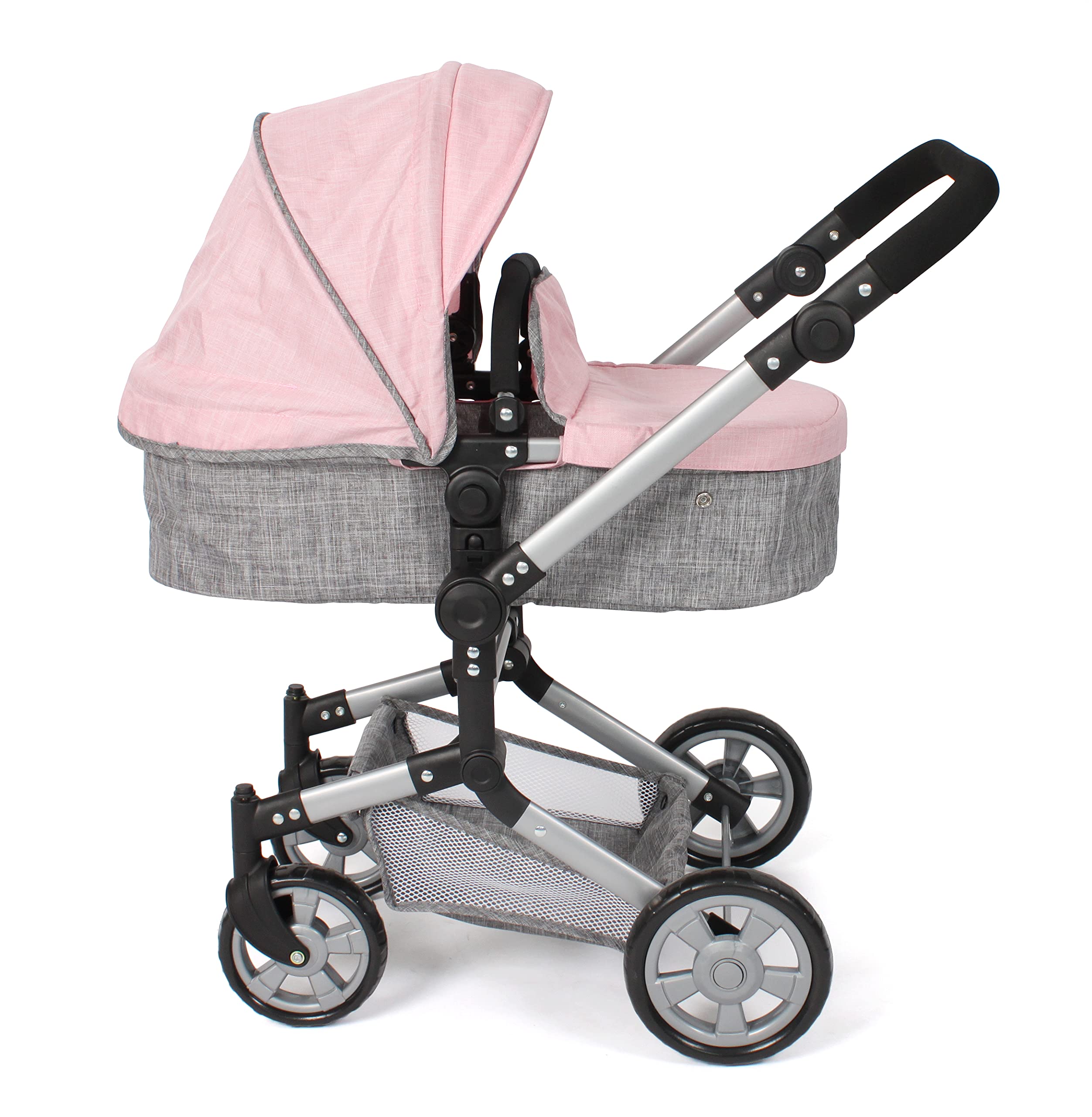 Bayer Chic 2000 Puppenwagen Linus | 2in1 Kombi-Buggy Melange Grau-Rosa | Großer 2in1 Kombi-Puppenwagen mit umwandelbarer Wanne für Puppen bis 52 cm. Melange Grau-Rosa, hoher Griff 47-78 cm.