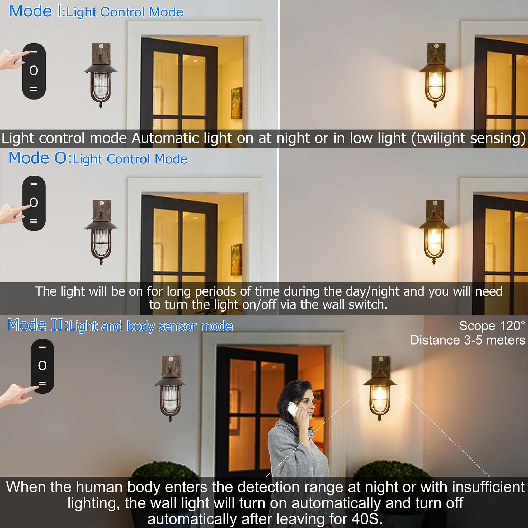 Aussenlampe mit Bewegungsmelder Vintage Schwarz Gold Außenlampe Wand | Außenleuchte mit 3 Beleuchtungsmodi, IP65 Wasserdichte Außenlampe aus Metall Käfig, Lampe mit Bewegungsmelder Aussen