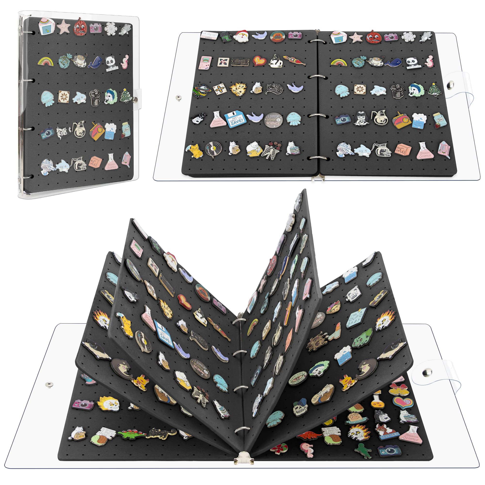 PACMAXI A4 Enamel Pin Display Book Organizer-300 Pin Capacity, Clear PVC Cover, Creative Pin Collection, Portable Pin Trading Book (Black-6 page)