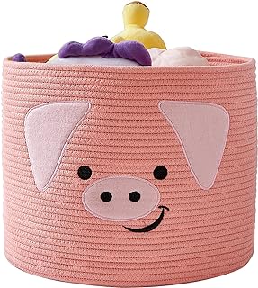Animal Baskets Cotton Rope Storage Basket Woven Toy Basket Large Basket for Blankets Cute Pig Basket with Handles Foldable Animal Laundry Basket Nursery Basket Organizer, 15"D x 12.6"H, (Pink)