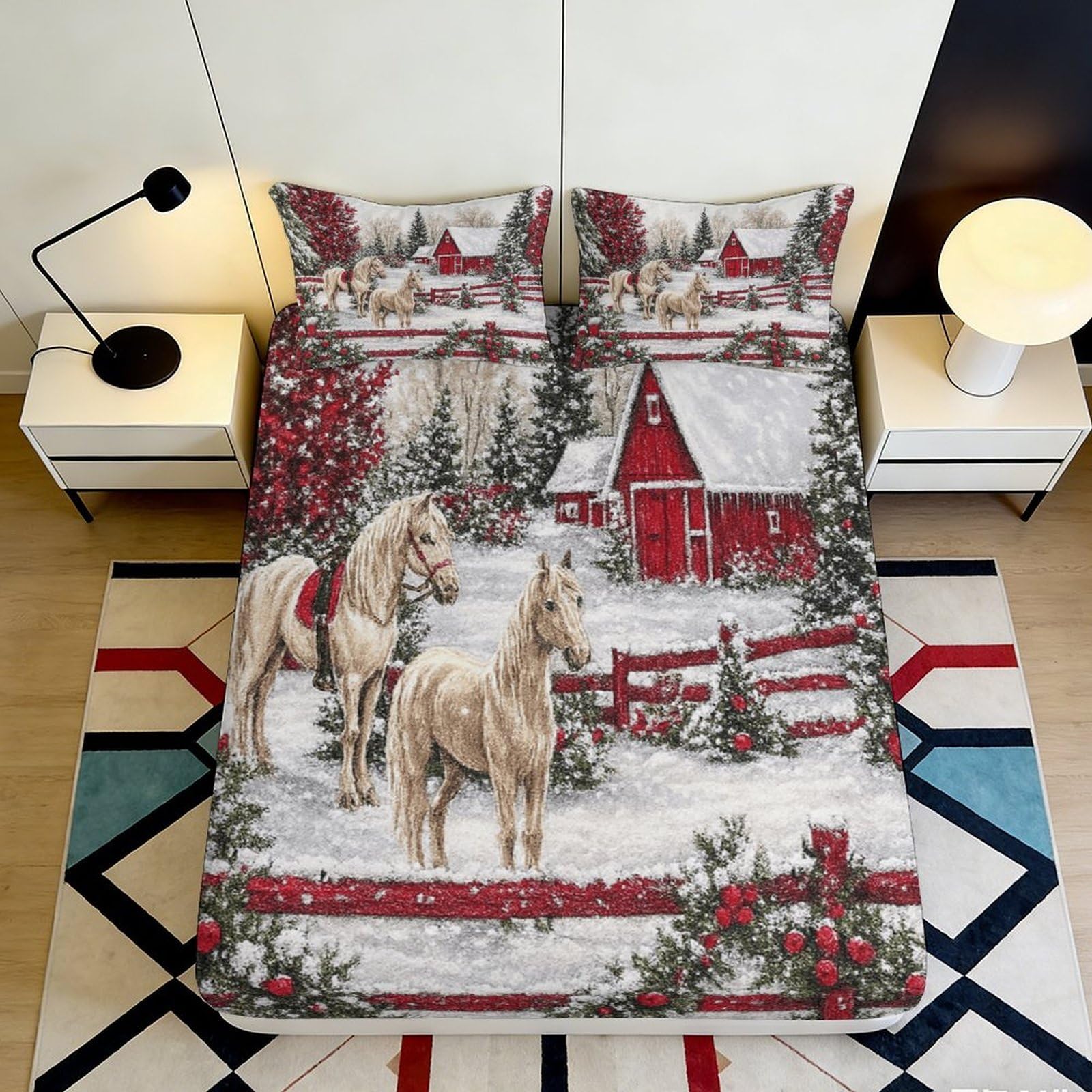 3D Printed Winter Horse Scene Fitted Sheet Microfiber Soft Red Barn Bed Cover for Bedroom Guest Room Decor 90x200x25cm
