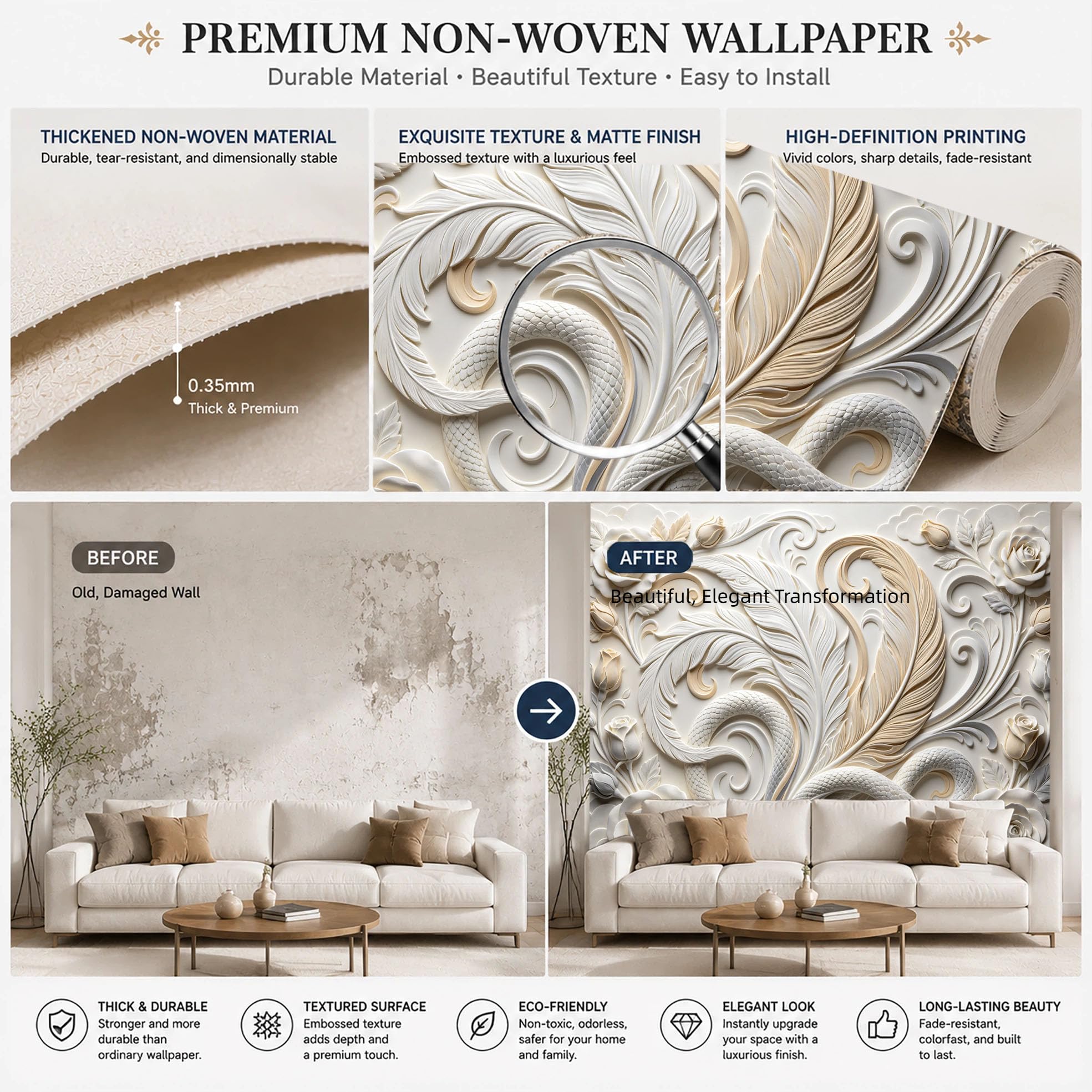 Carta Da Parati Fotografica con Serpente Intrecciato E Grandi Piume Effetto Rilievo Floreale In Gesso Murale Da Parete 210×150 cm (Lxa) Decorazione Fai Da Te per La Casa Rivestimento Murale per Div