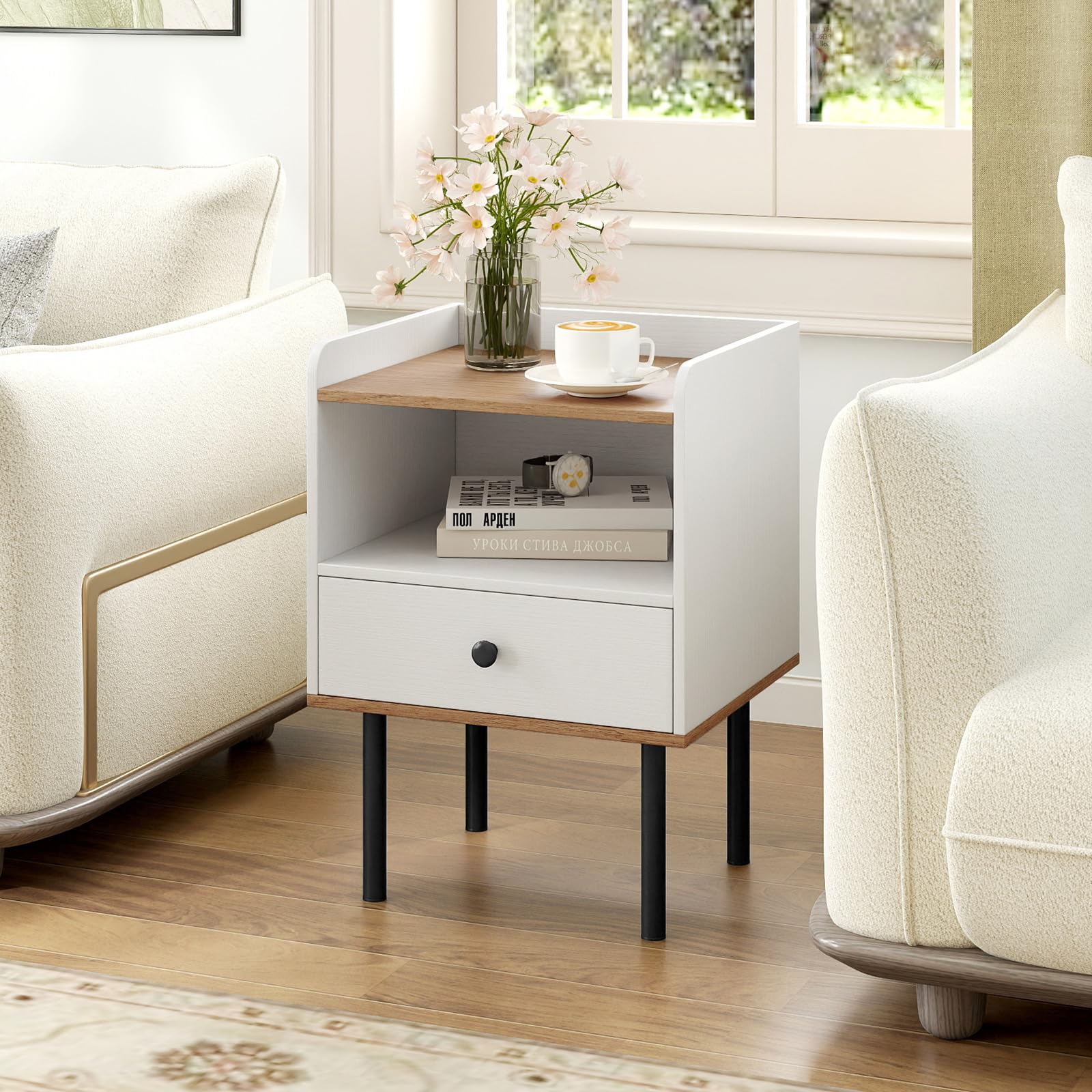 COSTWAY Table de Chevet, Table de Nuit avec Tiroir, Étagère de Rangement Ouverte, Pieds en Métal, Bout de Canapé, Chevet de Lit Moderne pour Salon, Chambre, Petits Espaces, Blanc