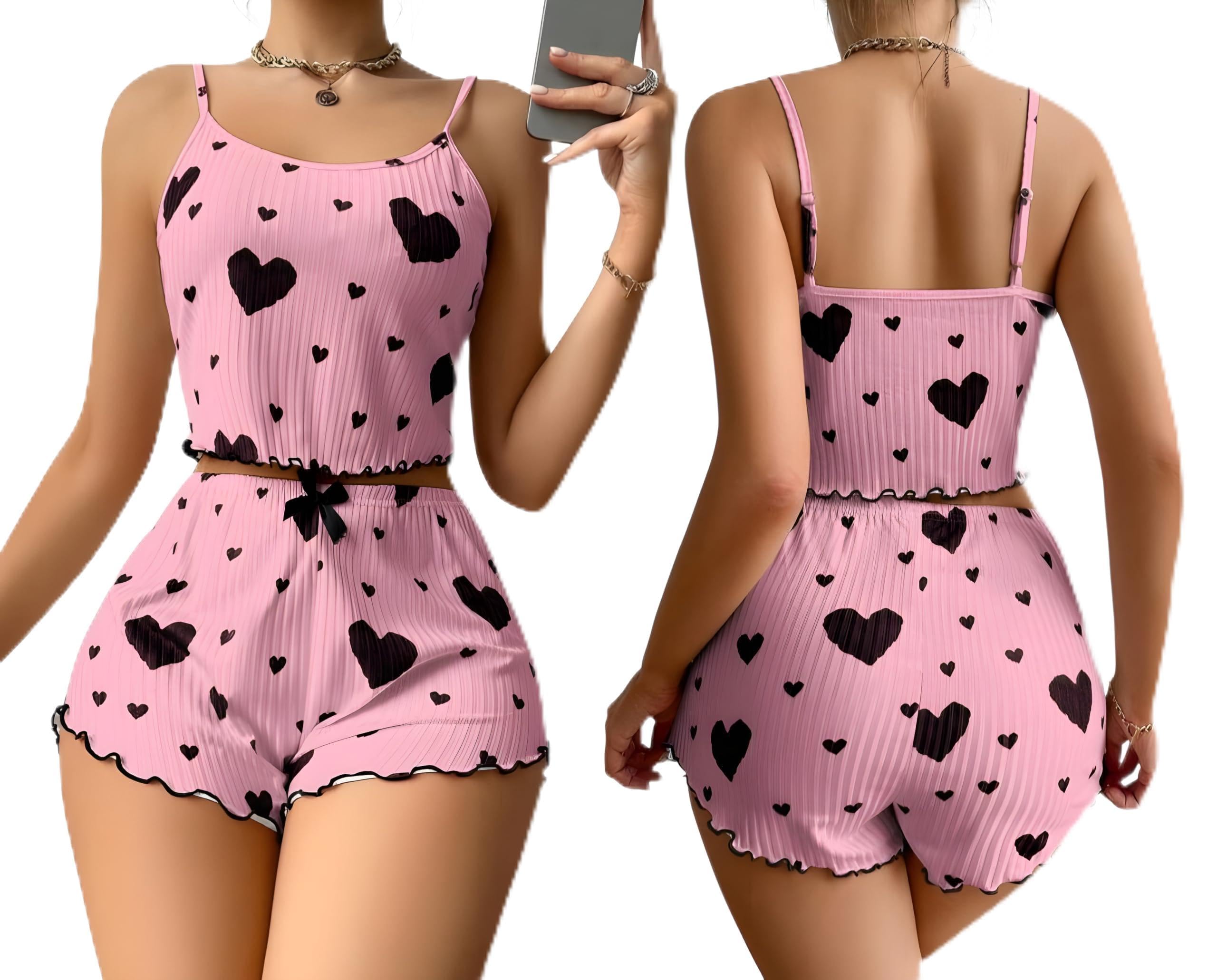 Women's Heart Print Pyjama Set, Sleeveless Cami & Shorts-picture-40