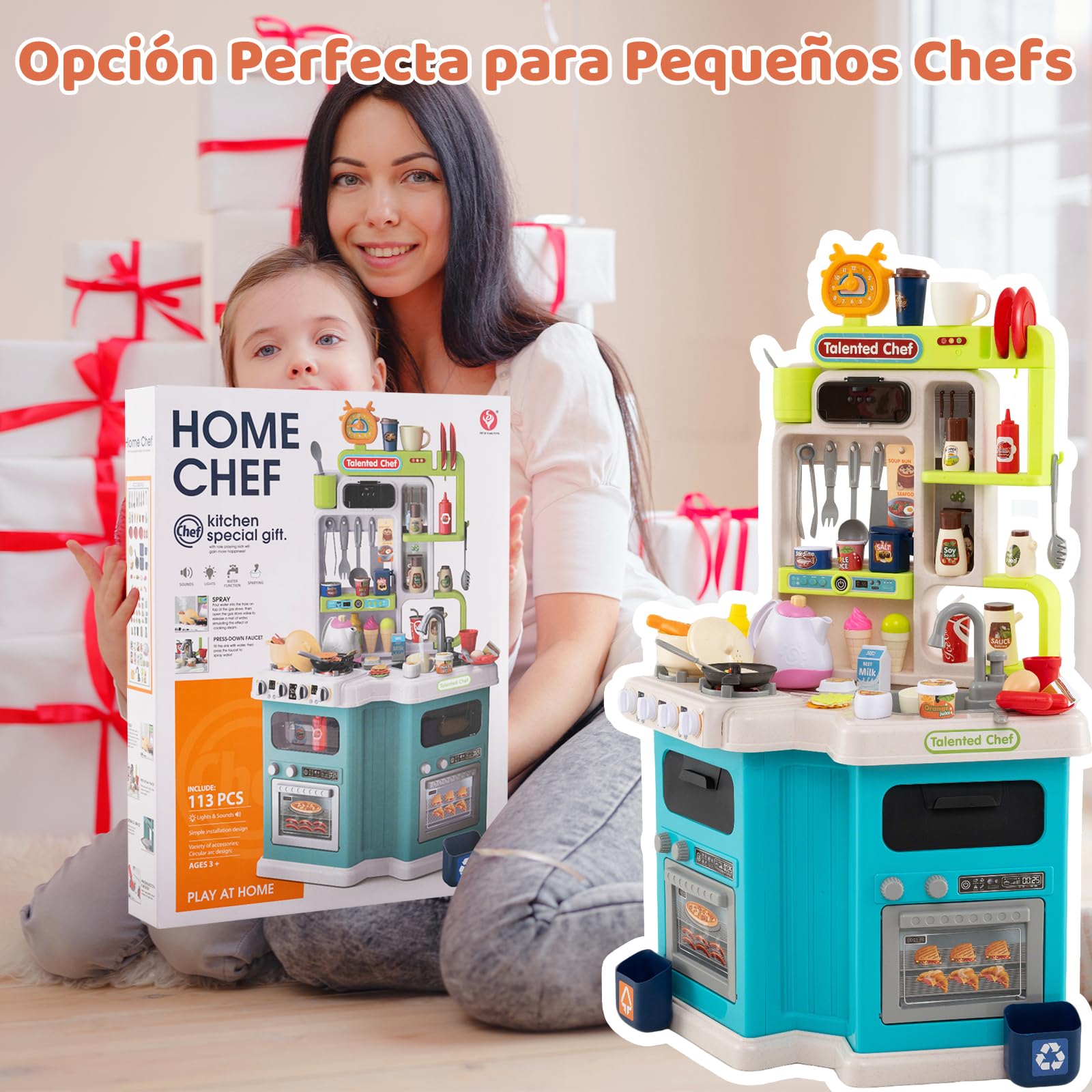 GOPLUS Cocina de Juguete para Niños, Cocinita Infantil con Sonidos y Luces, Fogón a Vapor Realista, Fregadero con Circulación de Agua, 75 Accesorios, Juego de Imitación para Niños de 3+ Años (Azul)