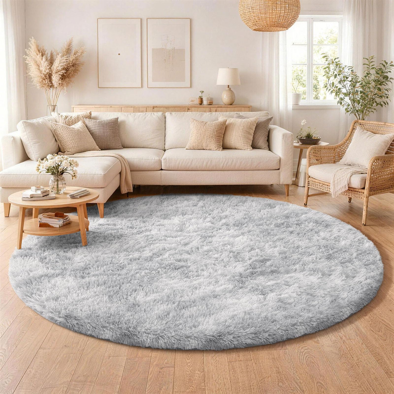 Homaxy Fluffy Large Rugs Living Room, Soft Shaggy Anti Slip Non Shedding Carpet, High Pile Modern Washable Area Rug for Nursery Bedroom, Easy Care Home Decor, Round 160 cm, Grey