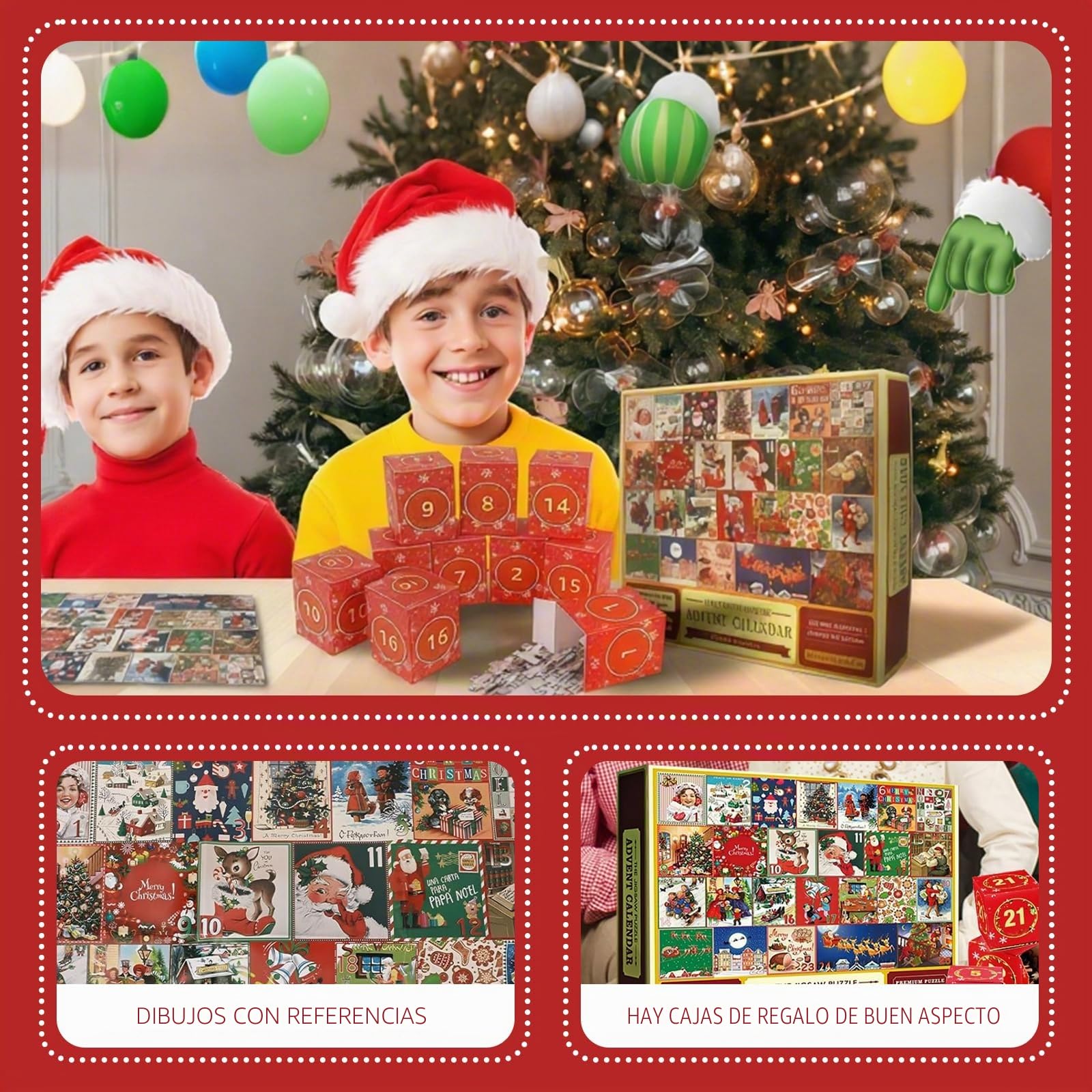 Calendario Adviento, Puzzle Navidad 1000 Piezas con 24 Cajas Sorpresa - Juego Interactivo Calendario Adviento Educativo y Divertido para Niños y Niñas Como Regalo Familiar
