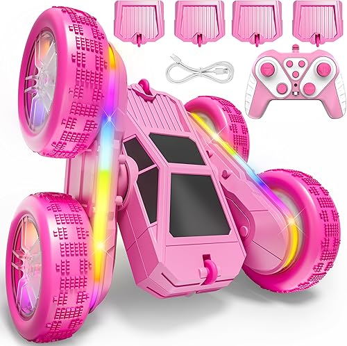 Coche de control remoto para niñas autos de acrobacias a control remoto, 2.4 GHZ de doble cara con 4 baterías modulares USB-C mejoradas, juguetes de