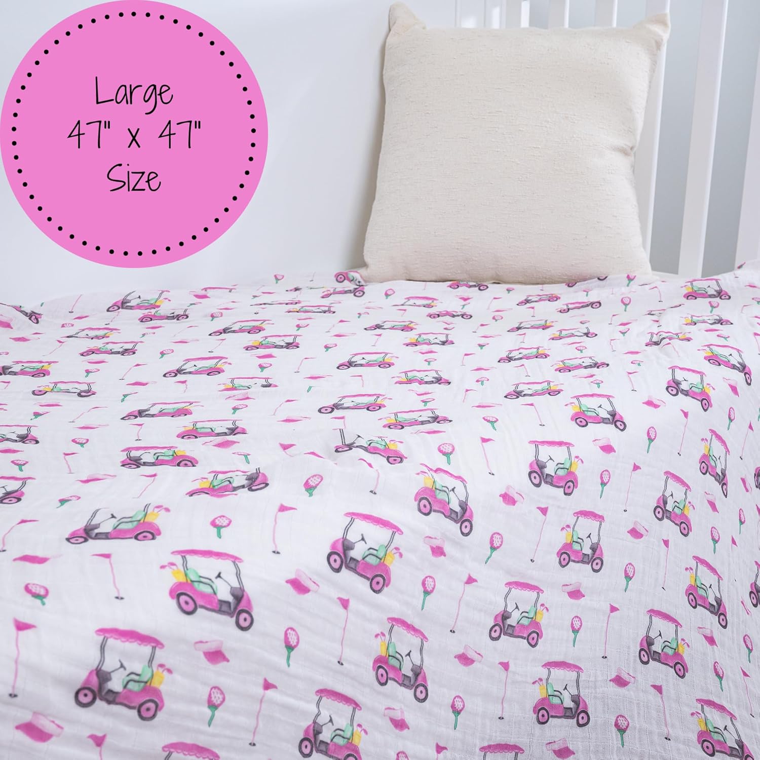 LollyBanks Muslin Swaddle Blankets 2 Pack, 100% Cotton Baby Blanket for Girls, Soft and Breathable 47 x 47 Inches Newborn Receiving Blanket, Newborn Essentials Must Haves (Pink Golf and Pink)