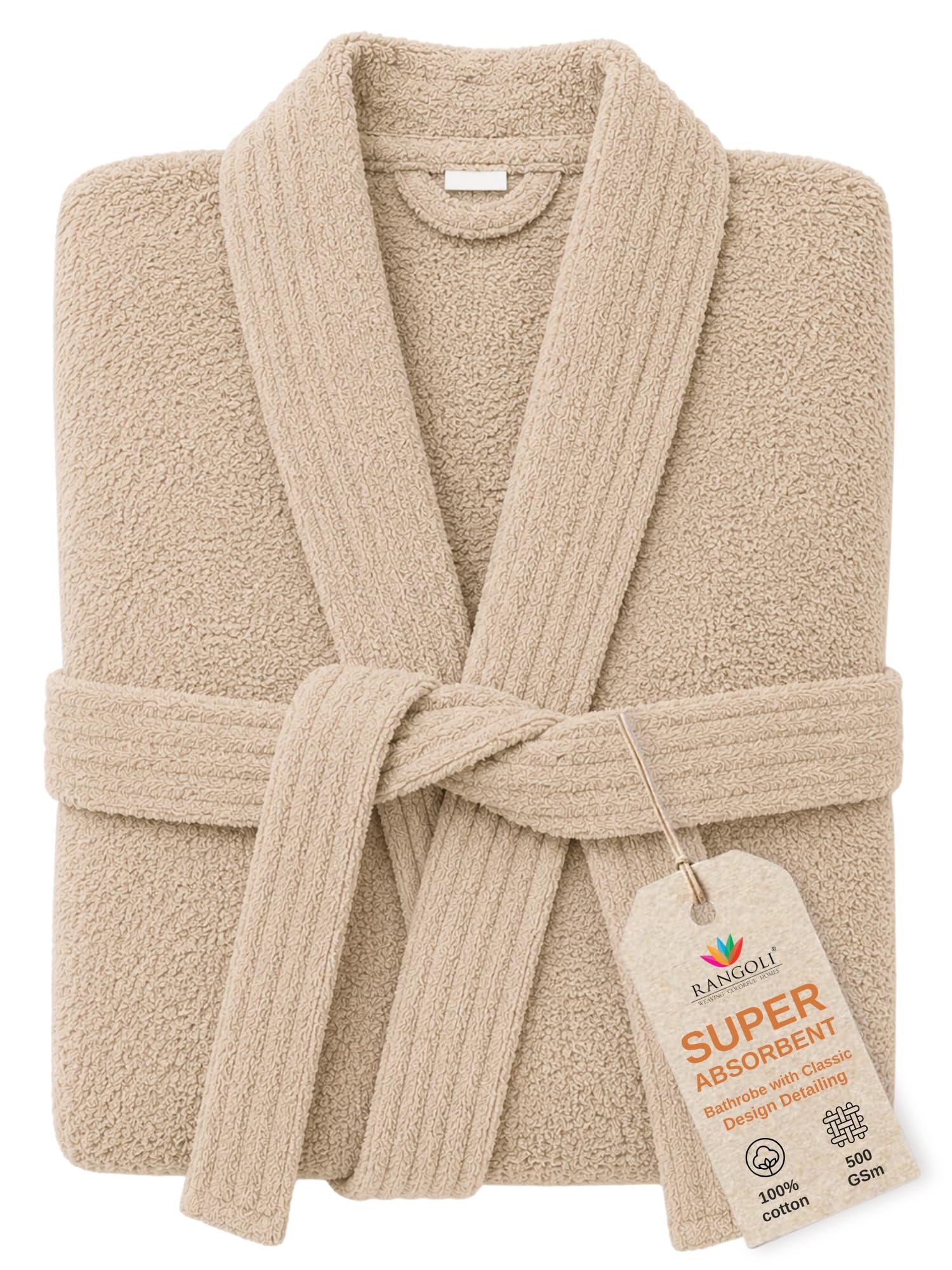 RANGOLI Women's 100% Soft Cotton Bathrobe in Knee-Length & Half Sleeve with 400 GSM for Super Absorbent & Comfortable Day Wear (Beige-S) | Noble Collection