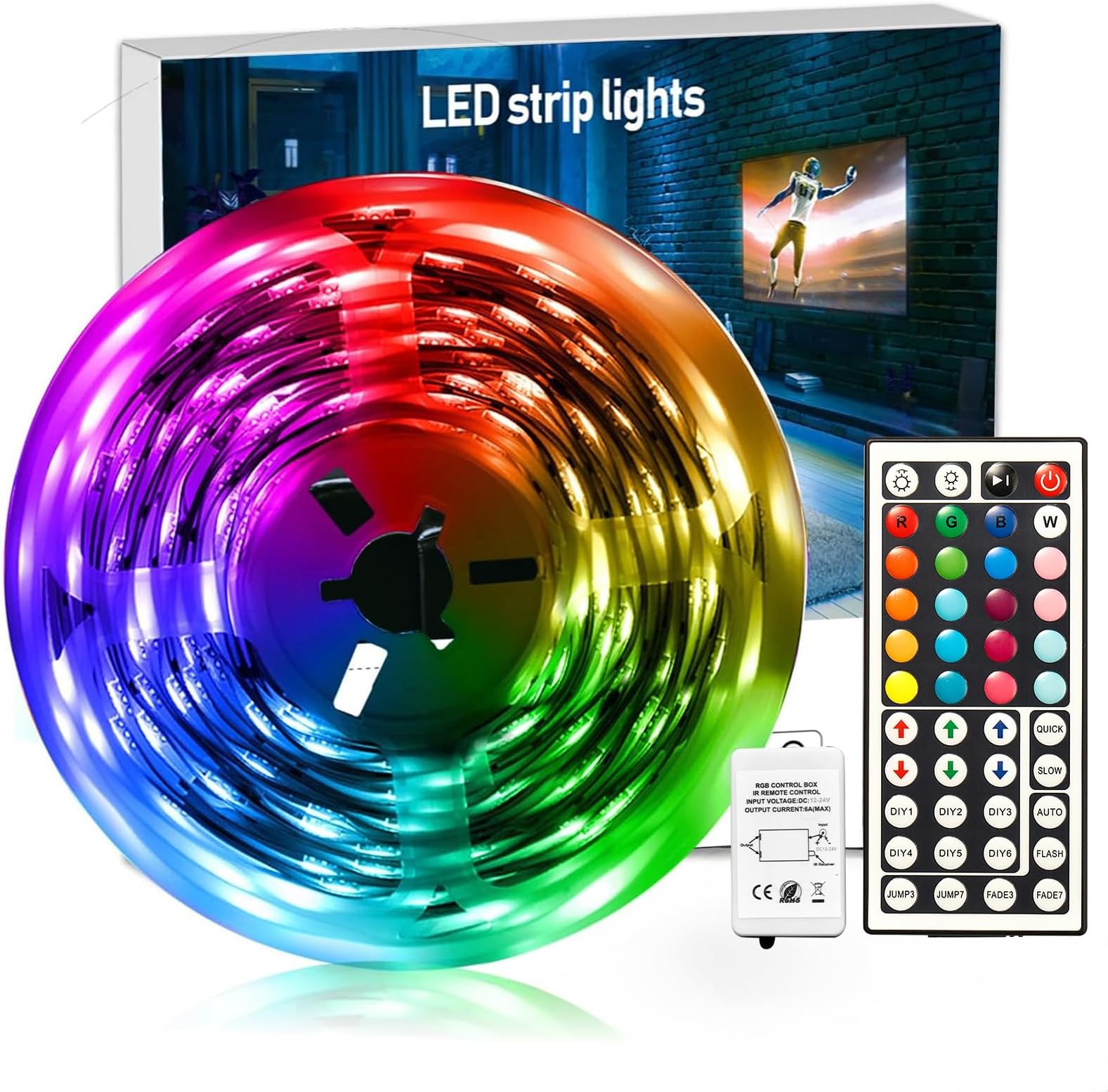 DAYBETTER Led Tape Light Strip Lights 32.8ft 10m with 44 Keys IR Remote and 12V Power Supply Flexible Color Changing 5050 RGB 300 LEDs Light Strips Kit for Home, Bedroom, Kitchen,DIY Decoration