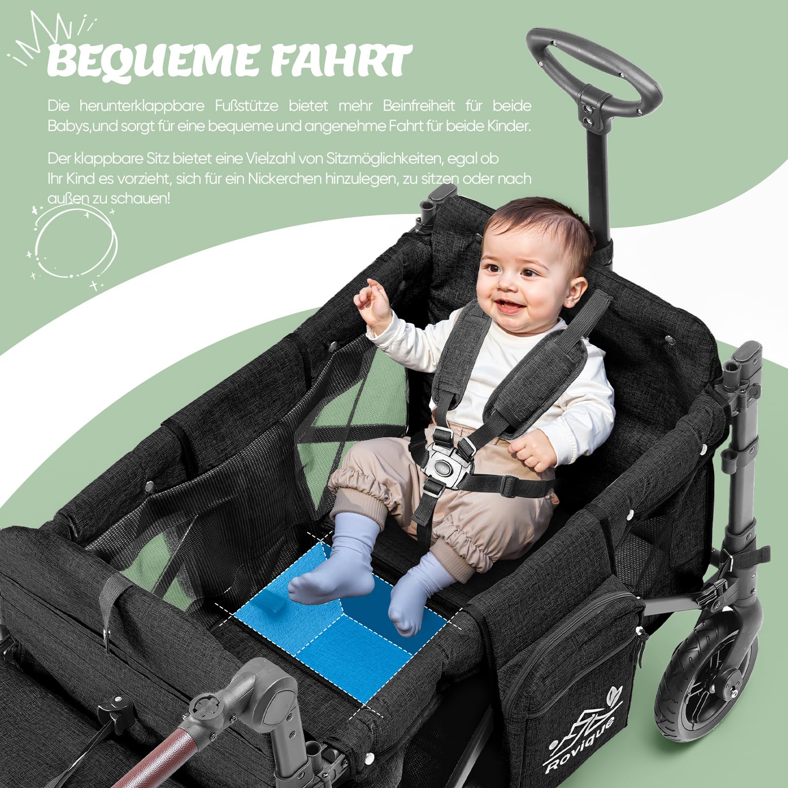 Chariot pliable Rovique avec toit solaire réglable – Chariot à 2 places, poussette avec harnais 5 points, poignée réglable en hauteur, fonction pousser-tirer, roues en PU avec freins, sac de rangement