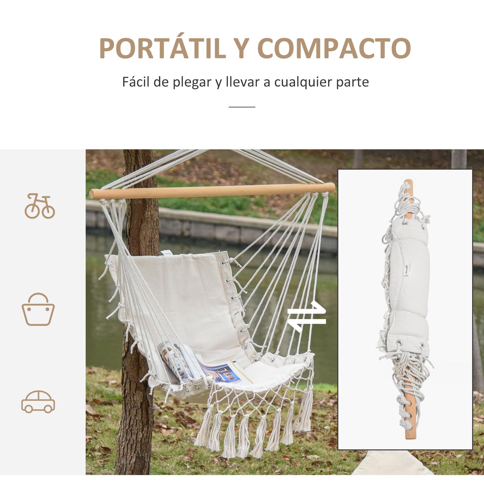 Outsunny Silla Colgante con Borlas Silla Columpio de Algodón Carga 120 kg Sillón Colgante Estilo Moderno para Interior y Exterior Blanco