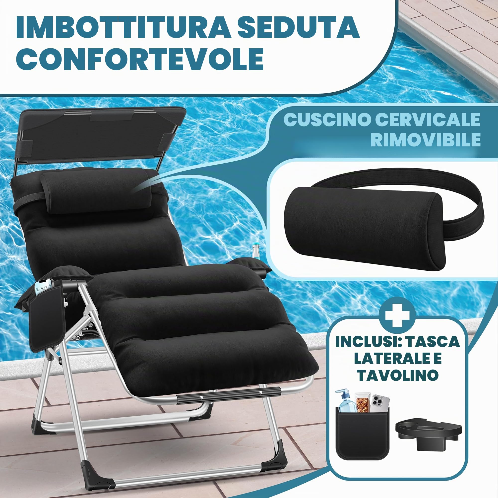 KESSER® Lettino XXL - pieghevole, Resistente alle Intemperie, Portata 200 kg, Rivestimento ergonomico, Schienale regolabile, Portabicchieri e Cuscino per le Braccia, Con Tenda - Nero