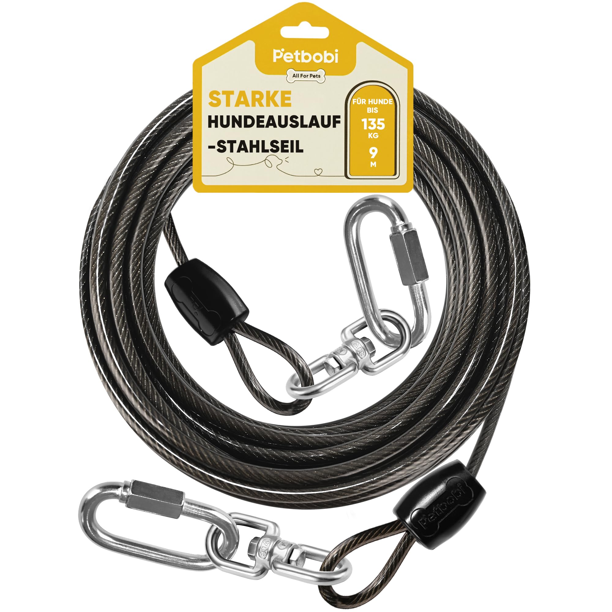 Petbobi Hofleine für Hunde 9m - Kausichere Hundeleine für Garten & Camping, 6mm Verstärktes Stahlkabel mit 304 Edelstahl Karabiner, Bruchfeste Schleppleine für Mittlere bis Große Hunde, Schwarz