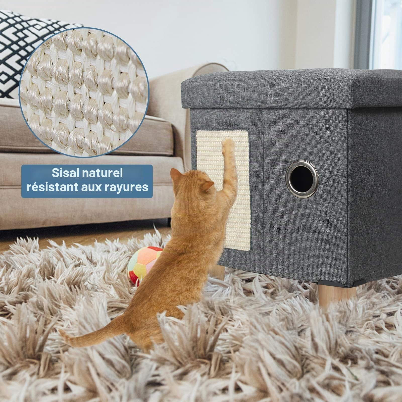 BRIAN & DANY Niche Chat, Pliable Maison pour Chat avec Planche à Grattoir et Balle pour Chats, pour Pouf Coffre de Rangement, 37,5 x 32,5 x 36 cm, Gris