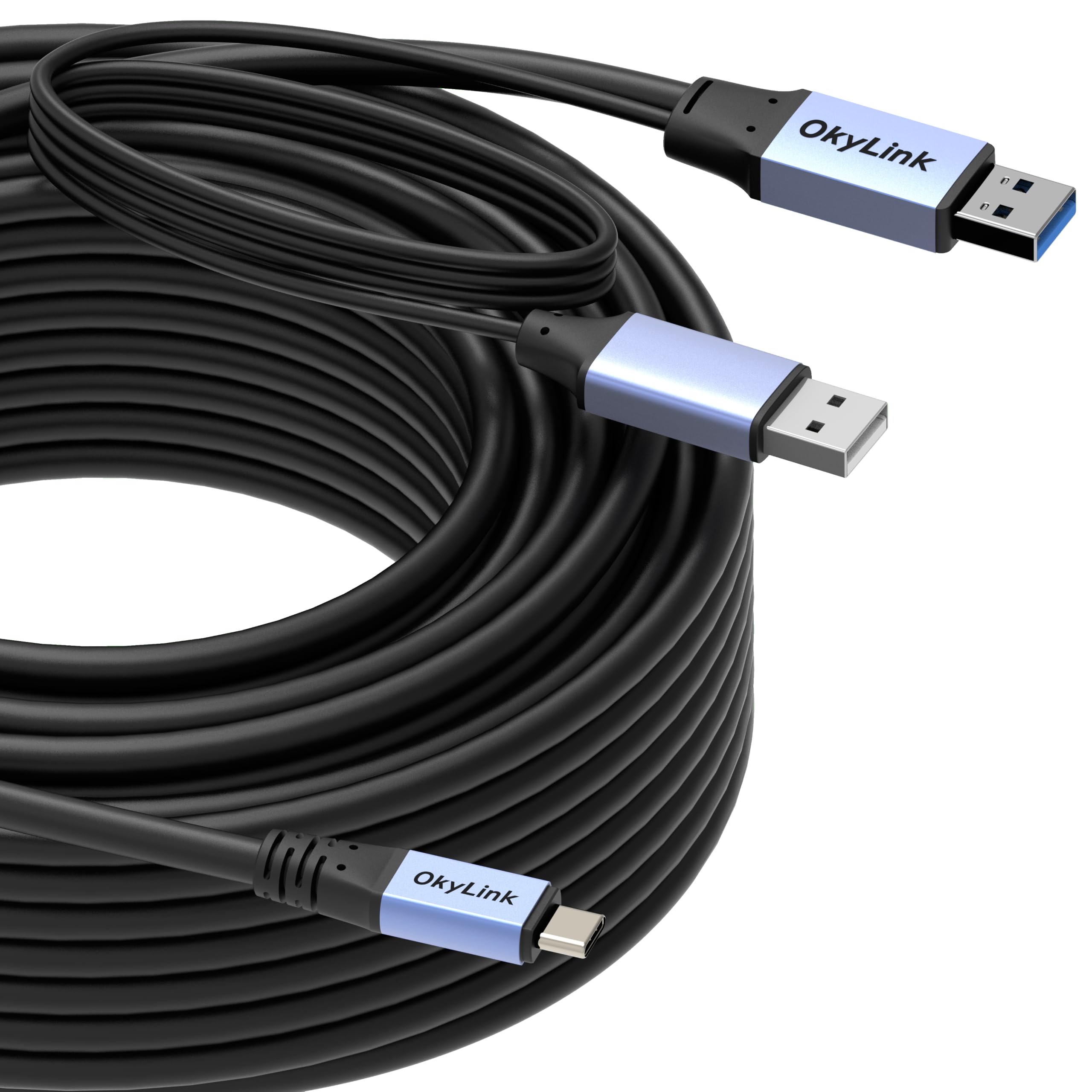 OkyLink Cable USB 3.0/3.2 Gen1 USB a USB C, macho a macho, cable de transferencia de datos, doble función de 5 Gbps con chip, apto para cámaras e impresoras. (5 Gbps, gris, 20 m)