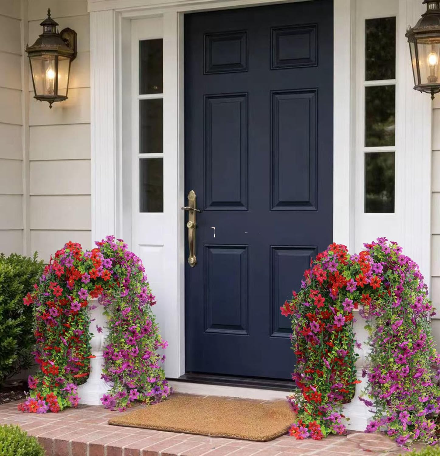 Artificial Hanging Flowers for Outdoors, 4 Pack Fake Hanging Plant for Spring Summer Decor, UV Resistant Faux Silk Flower for Planter Porch Patio Balcony Yard Decoration (Light Purple & Red)