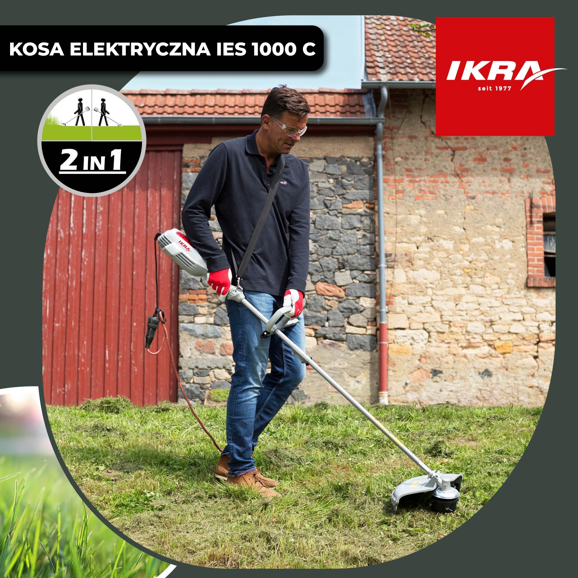 IKRA Kosa elektryczna IES 1000 C,2 szpule żyłkowe,trójząb,okulary,pasek | Średnica koszenia do 37 cm,moc 1000 W,precyzyjne i bezwysiłkowe koszenie trawy i pokrzyw w trudno dostępnych miejscach