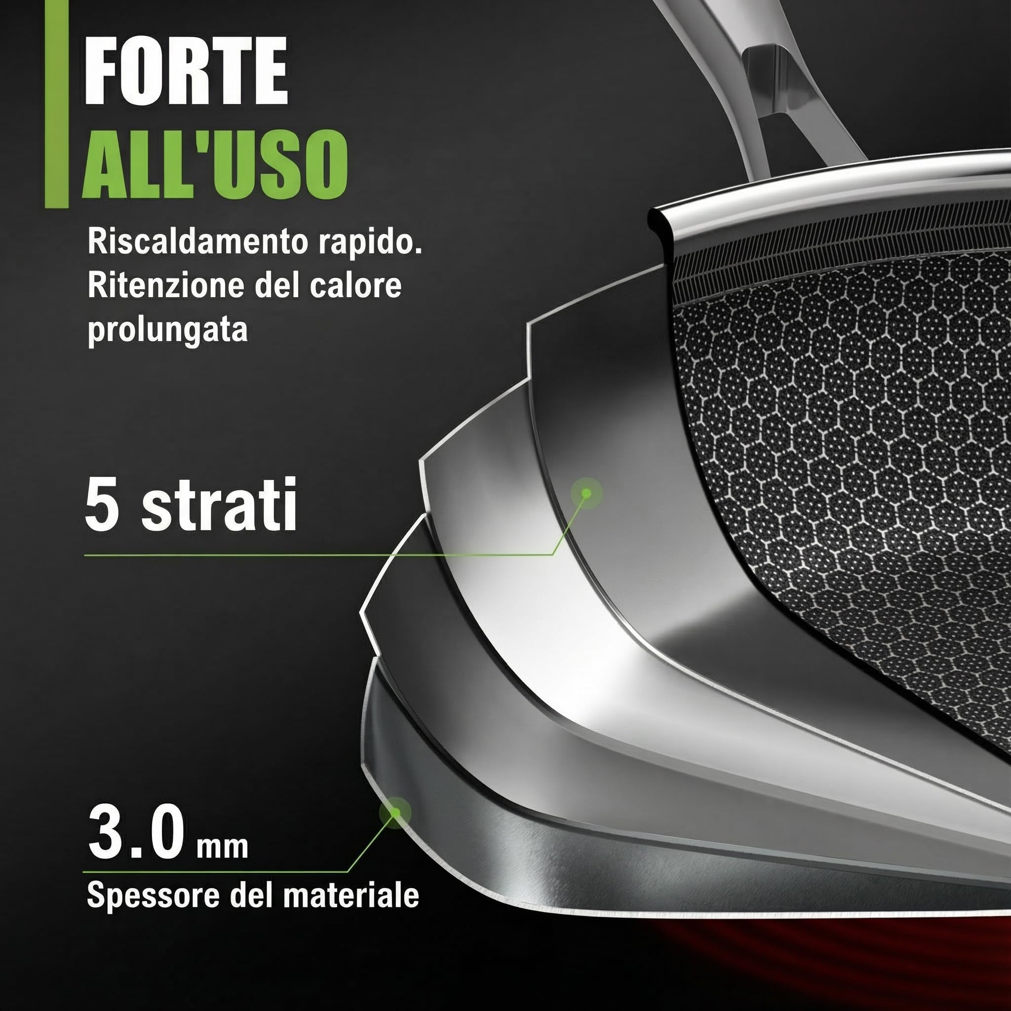 Padella in ceramica, 32 cm, resistente ai graffi, a 5 strati, 3 mm, 1,67 kg, per induzione, antiaderente, lavabile in forno e lavabile in lavastoviglie, senza PFAS e PTFE