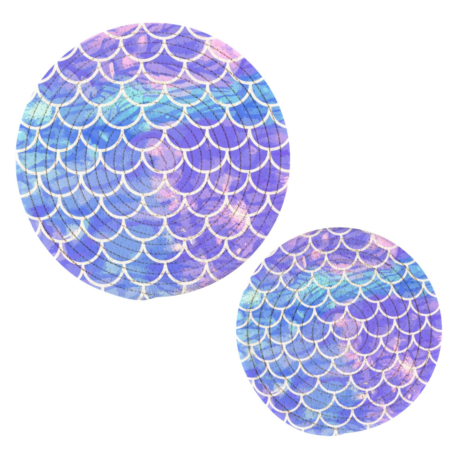 Lilac Mermaid Scales Pot Holders Trivets 2 Pcs Heat Resistant Trivets for Hot Dishes,Bulingling Cotton Thread Weave Trivet Mats for Hot Pads Pans Pot Bowl Teapot for Kitchen Decor