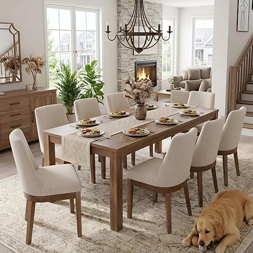 Miniatura 7 de HNY Juego de 6 sillas de comedor modernas con cómodo soporte de espalda, sillas de comedor de cocina tapizadas de lino suave con patas de madera