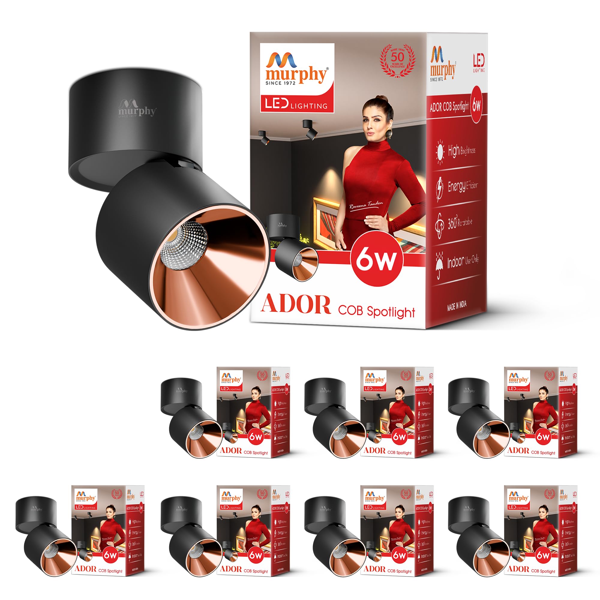 Murphy Ador 6W LED Surface COB Spot Light | Rose Gold Reflector | Warm White | 360° Rotatable & 90° Adjustable | Aluminium Body | 4kV Surge Protection | BIS Approved | 2 Year Warranty | Pack of 8
