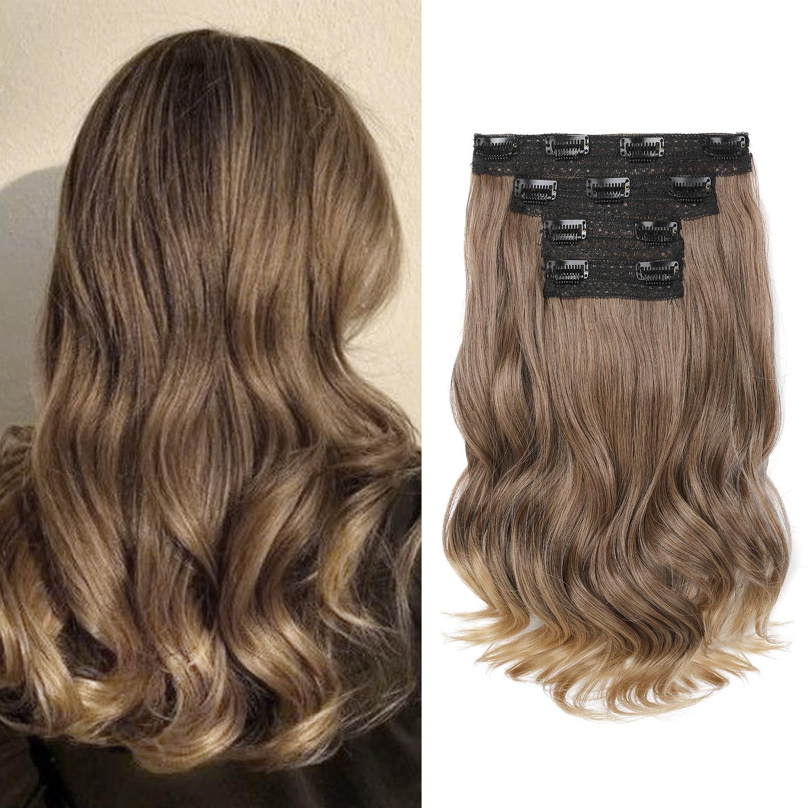 HOOJIH Clip in Hair Extensions 4PCS 14" Short Curly Clip on Hair Extensions Invisible Lace Weft Natural Soft Hairpieces for Women - Light with Golden