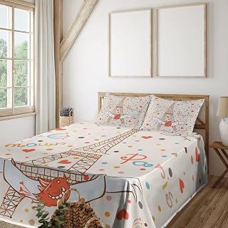 Ambesonne Honeymoon Sheet Set, Paris Eiffel Tower Love Birds Ribbon Colorful Polka Dots Vacation Theme Image, Fitted and Flat Sheet with Pillowcase Bedding Accent 3 Piece Set, Twin XL, Multicolor