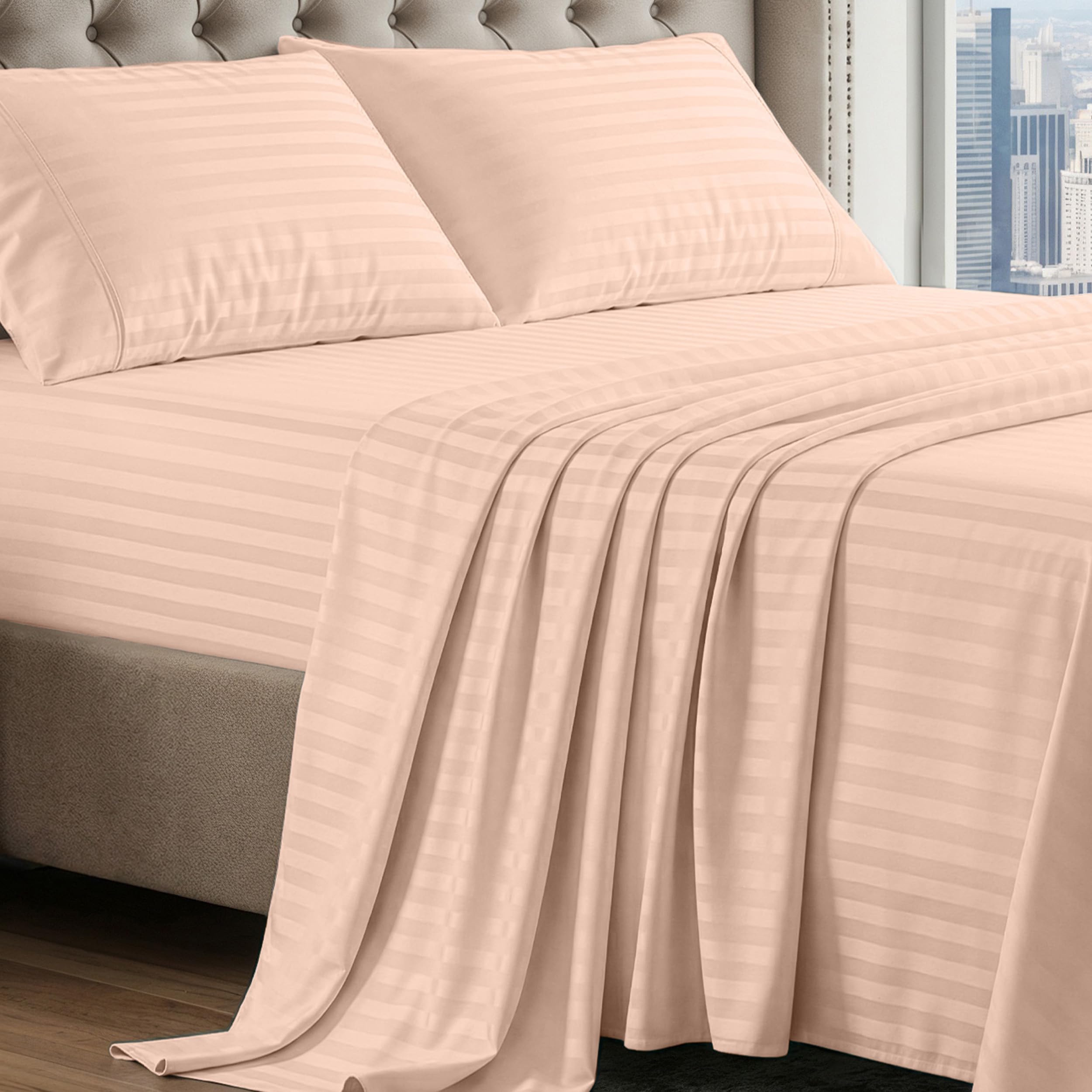LANE LINEN 100% Egyptian Cotton Sheets King Size Sateen Weave - Veiled Rose