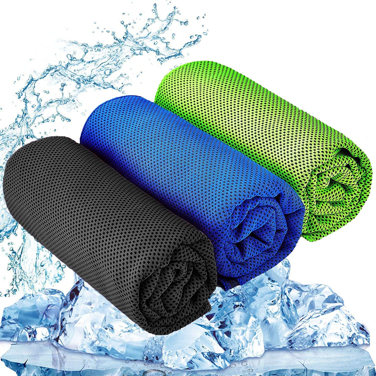 P-PLUS INTERNATIONAL Cooling Towel, Microfiber Ice Towel, Soft Breathable Chilly Towel for Neck, Yoga, Golf, Gym, Camping, Running, Workout & More (Black/Blue/Green, Pack of 3)