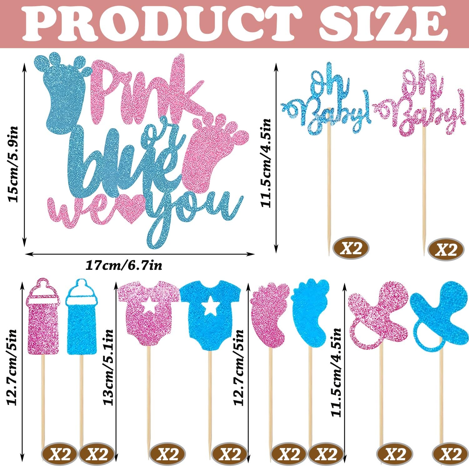 21 Pack Gender Reveal Cake Toppers, Glitter Blue or Pink We Love You Cake Topper - Image 2