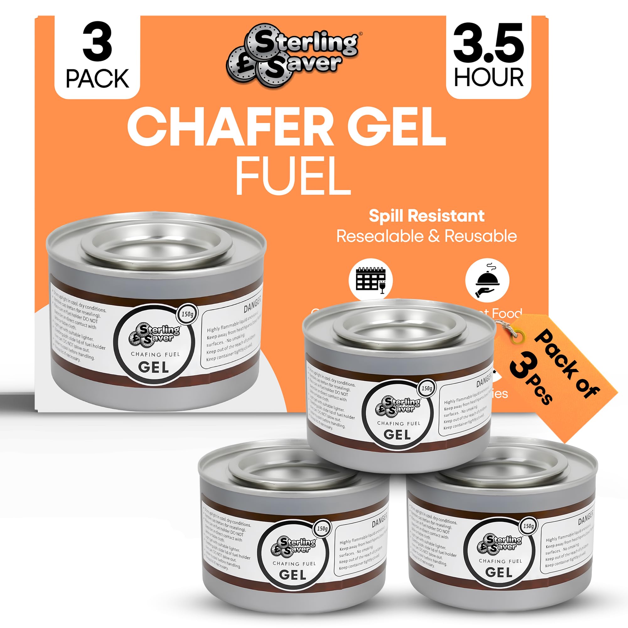 SterlingSaver Pack of 3 Chafing Dish Fuel Gel Cans 3.5 Hours | Odourless Heat Source Buffet Food Warmers for Indoor and Outdoor Use | 210 Mins Long Burn Time for Parties and Catering Events