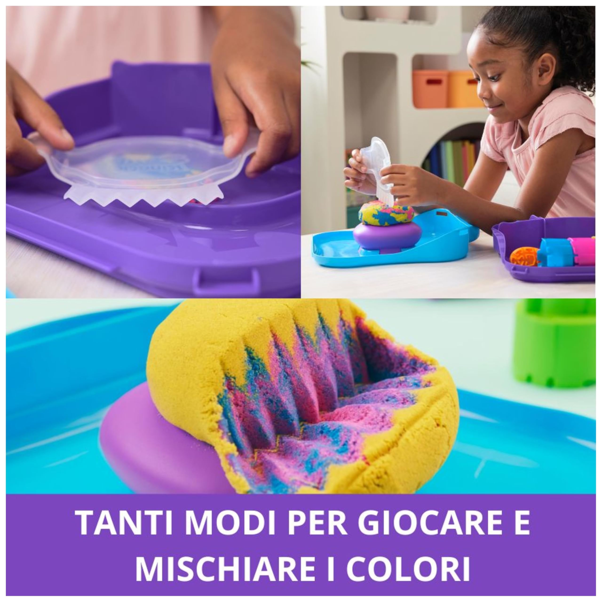 Kinetic Sand, Set di Gioco Squish Motion, Sabbia Colorata Rosa, Gialla, Blu, Sabbia Cinetica 453g, 5 Accessori, Comoda Valigetta. Giocattoli per Bambini e Bambine, 3+ anni