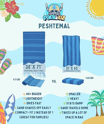 Miniatura 5 de Park & Oz Turkish Peshtemal - Toallas de playa, 100% algodón, de gran tamaño, 39 x 71 pulgadas, ligeras, de secado rápido, ideales para viajes,