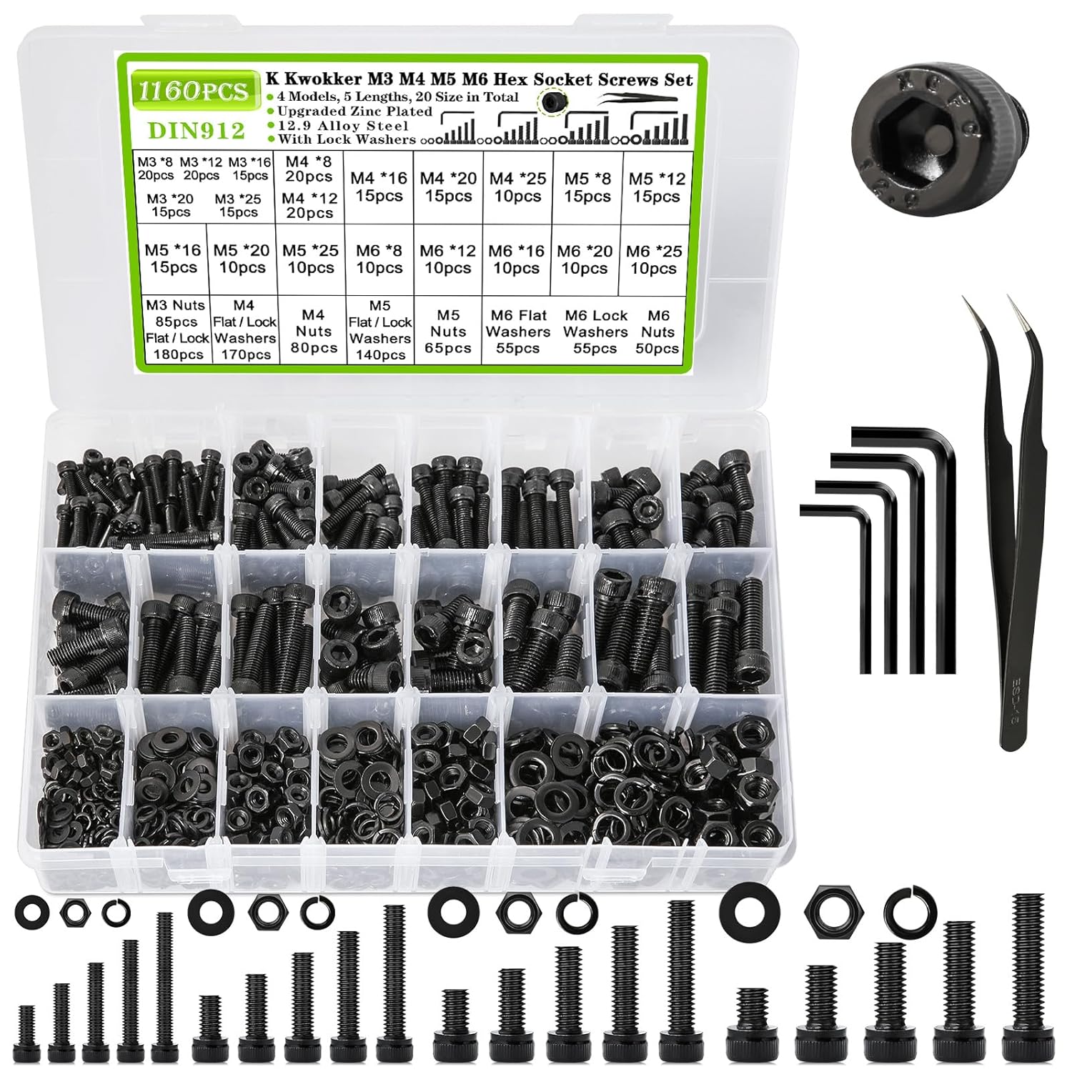 1160Pcs M6 M5 M4 M3 Nuts and Bolts Assortment Kit 20 Size Upgraded Zinc Plated Hex Socket Head Cap Metric Machine Screws, 12.9 Alloy Steel Bolts and Nuts Kit with Lock Washers