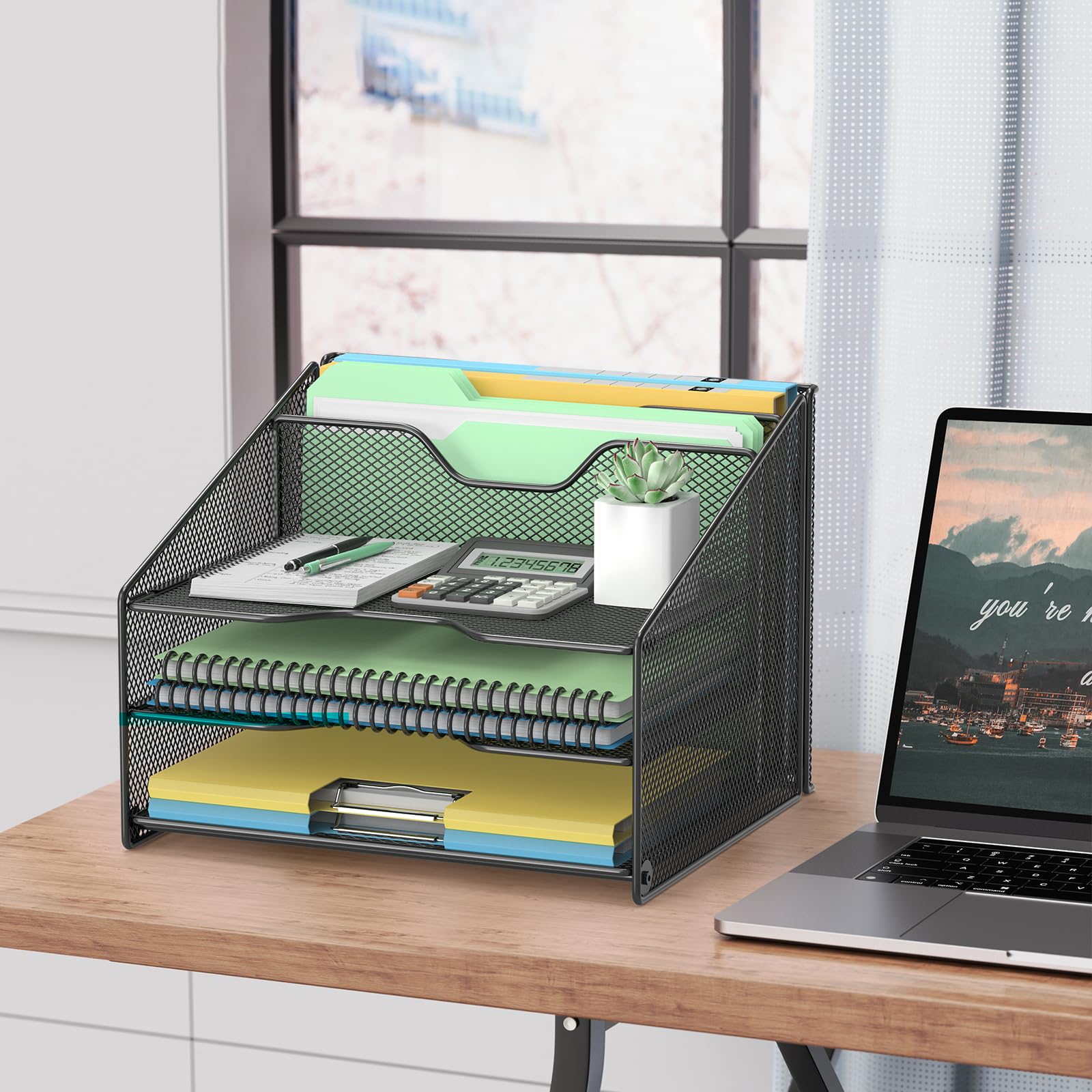 OUTWOLF Schreibtisch Organizer mit Aktenhalter, 3-stufiger Papier Organizer+ 2 Vertikalen Fächern, Mesh Metall Schreibtisch Akten Organizer für A4-Aktenordner, Papier, Buch, Bürobedarf, Glanzschwarz