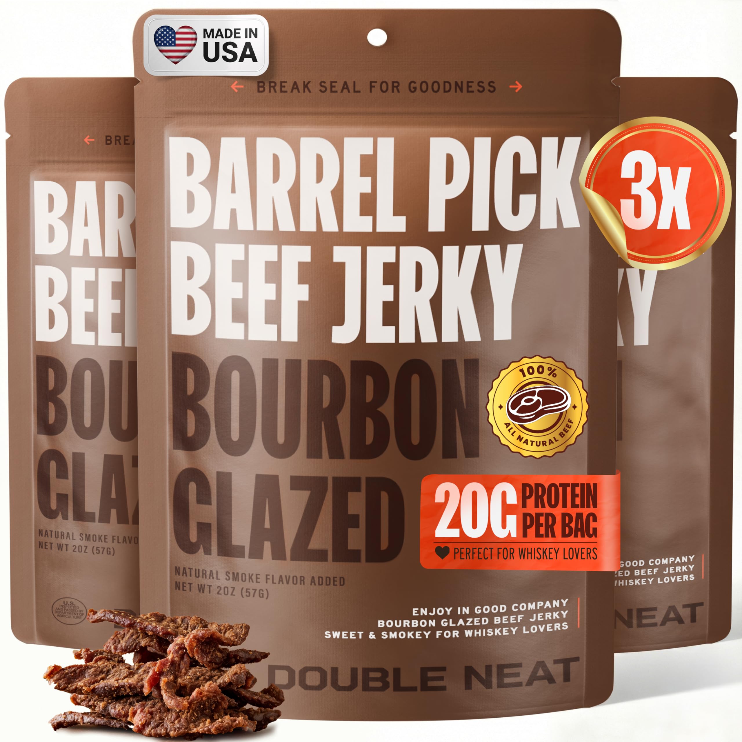 Double Neat Barrel Pick Bourbon Glazed Beef Jerky – Gluten Free Gourmet Stocking Stuffers Men – Whiskey Infused, Sweet and Smokey, High Protein,