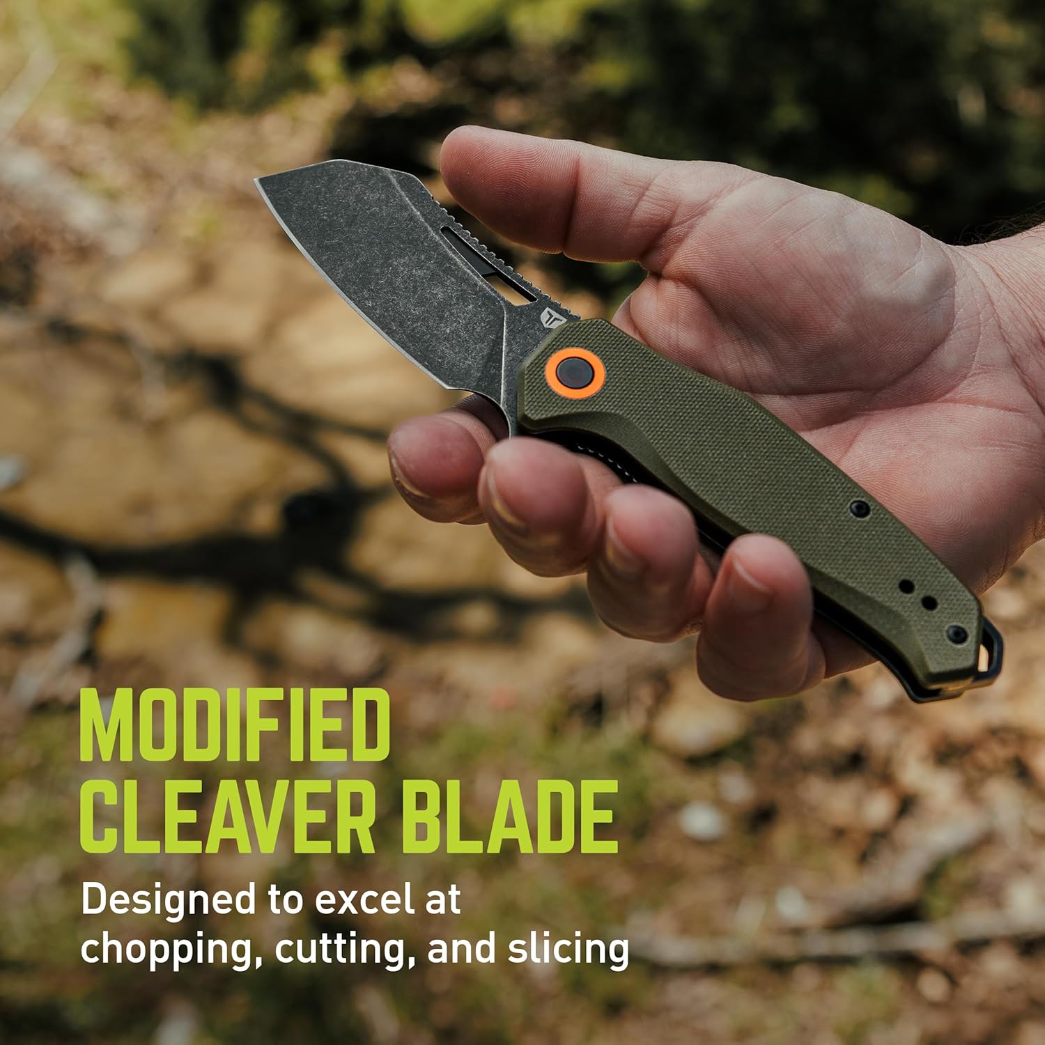 TRUE MAAR Cleaver Pocketknife | 2.75" Blade Length, D2 Steel, Black Oxide & Stonewash Finish, G10 Handle, EDC, Standard Size, Deep Carry Clip - Olive Green