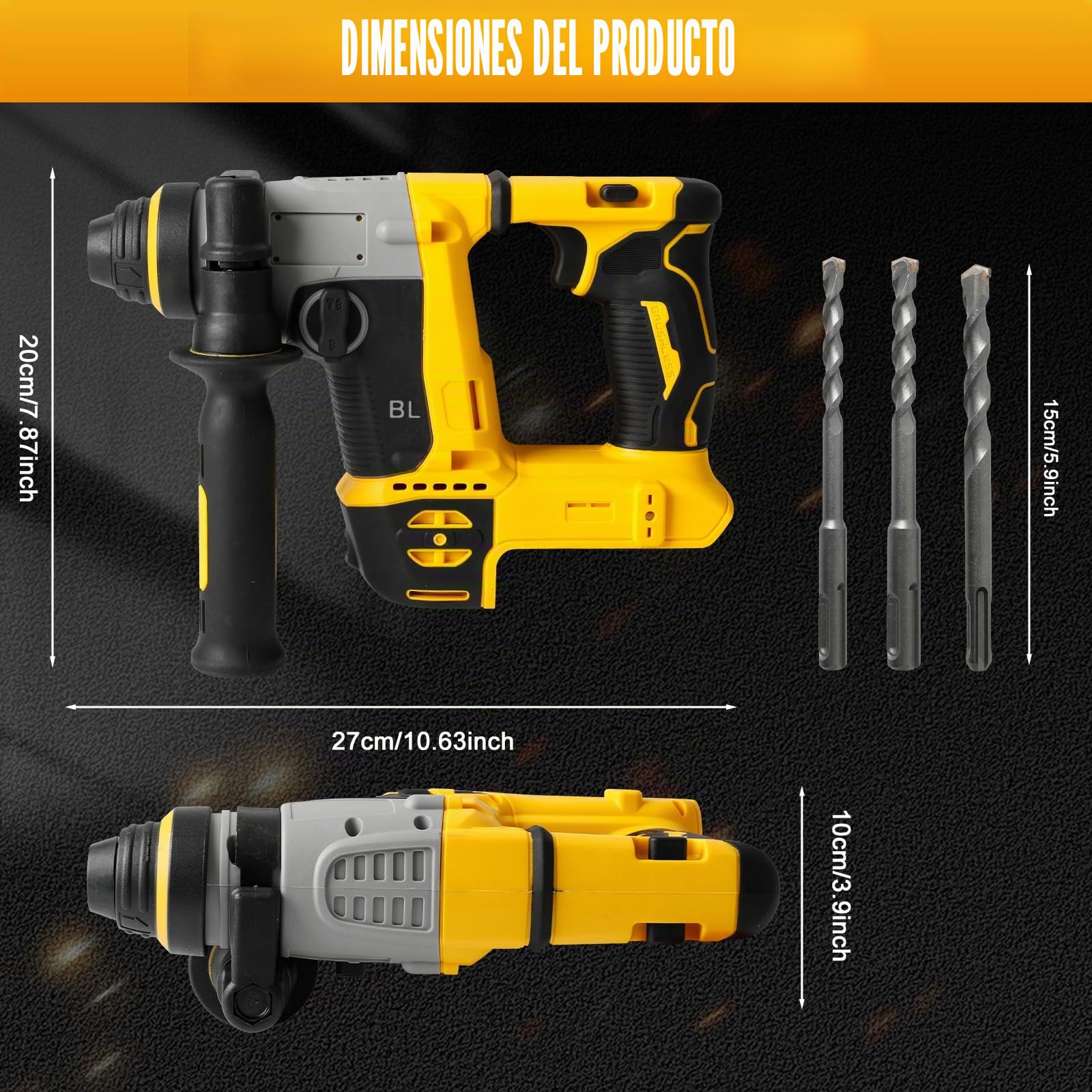 Roadtime 2 en 1 Martillo combinado y taladros para DeWalt 20V(sin batería) | 1250W Velocidad del Hammer de corte 3500 rpm,Hammer combinado con 3x broca SDS PLUS,Energía de golpe 3 J,con 4 funciones