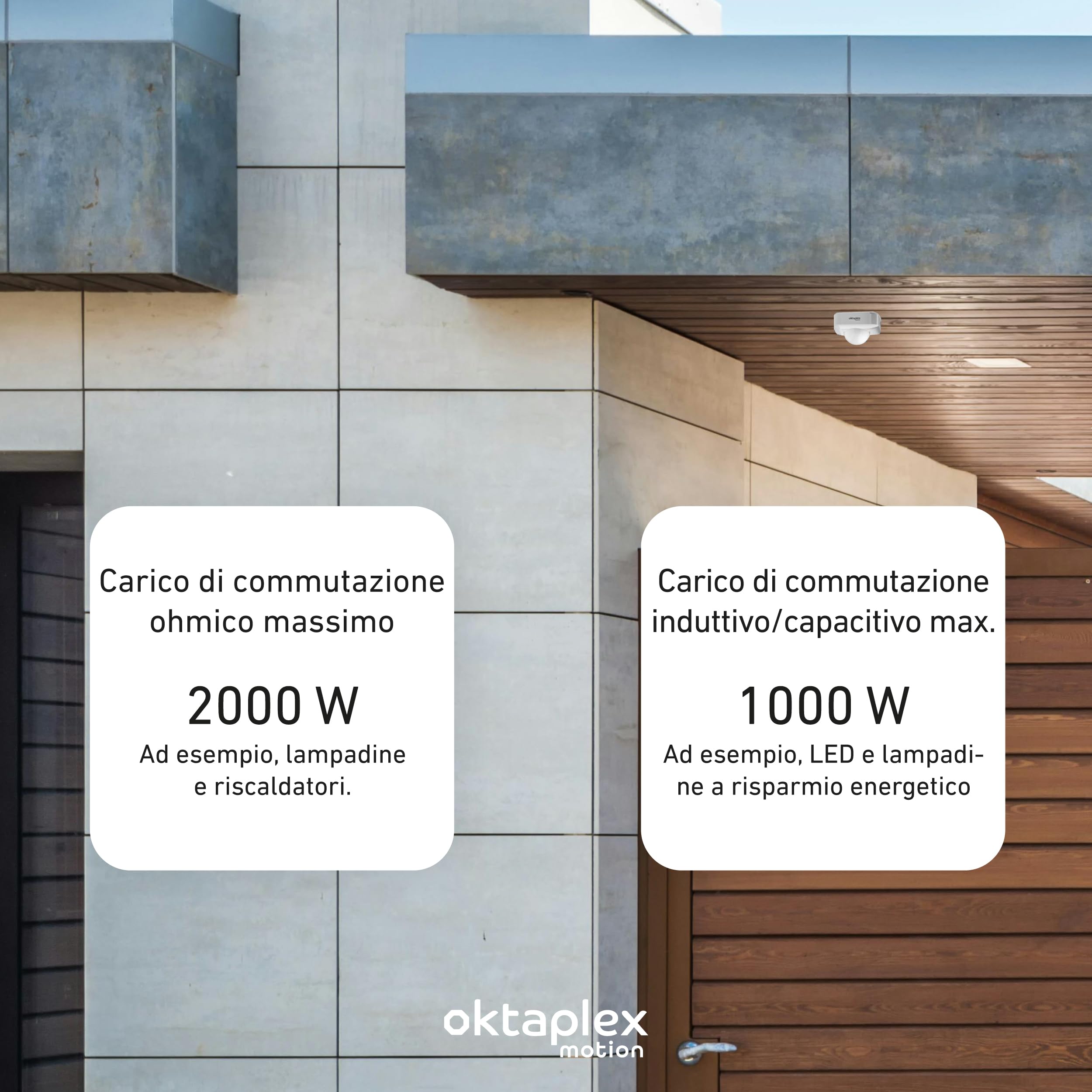 Oktaplex Tim - Rilevatore di presenza a infrarossi PIR a 360°, IP65, 230 V, da parete, bianco | Sensore a 360°, diametro di 20 m, rilevamento di 6 m, per interni ed esterni, 3-2000 lux, funzionamento in parallelo, 2
