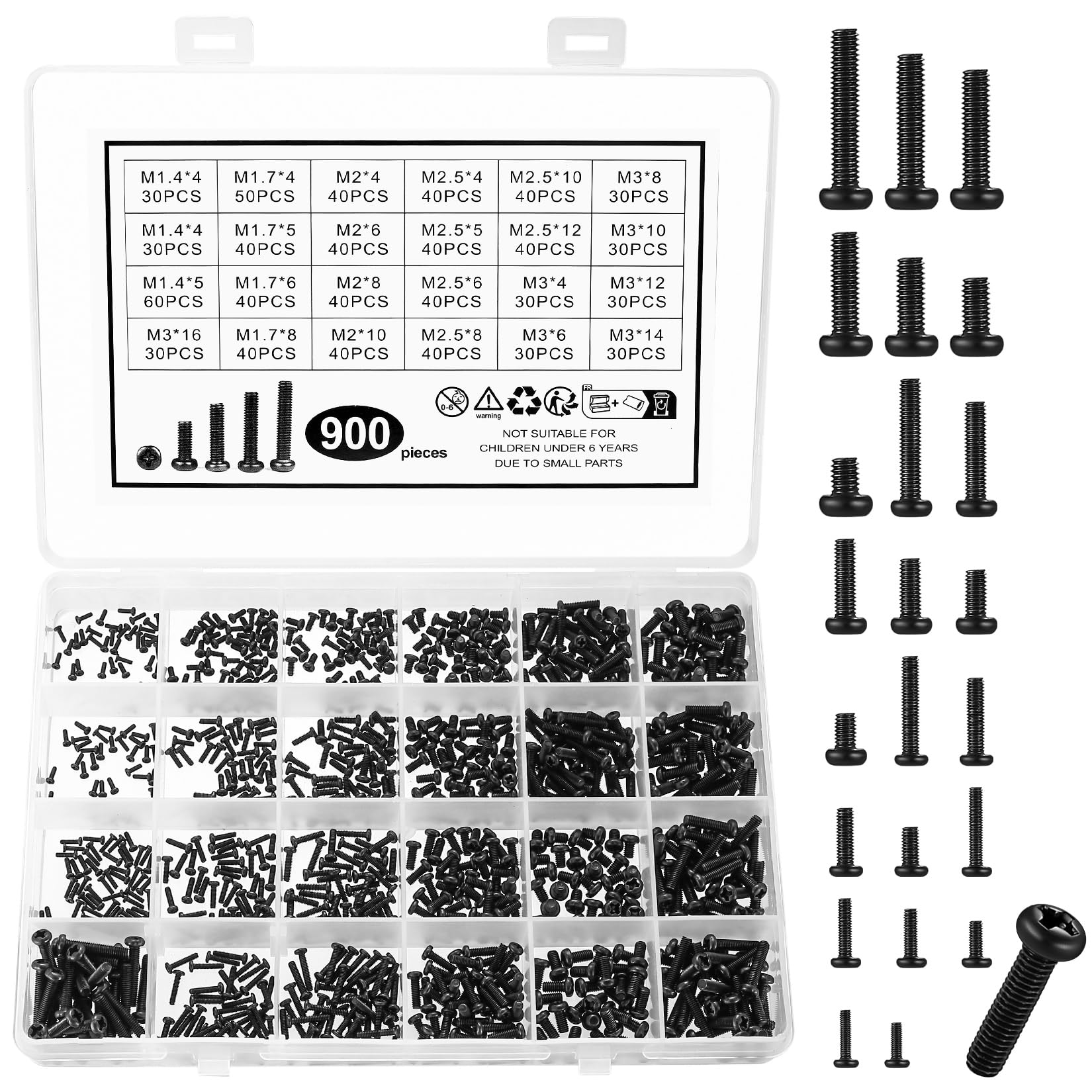 Set di Viti per Laptop e PC, Micro Viti Nere a Testa Tonda Croce M1.4 M1.7 M2 M2.5 M3 900 Pezzi