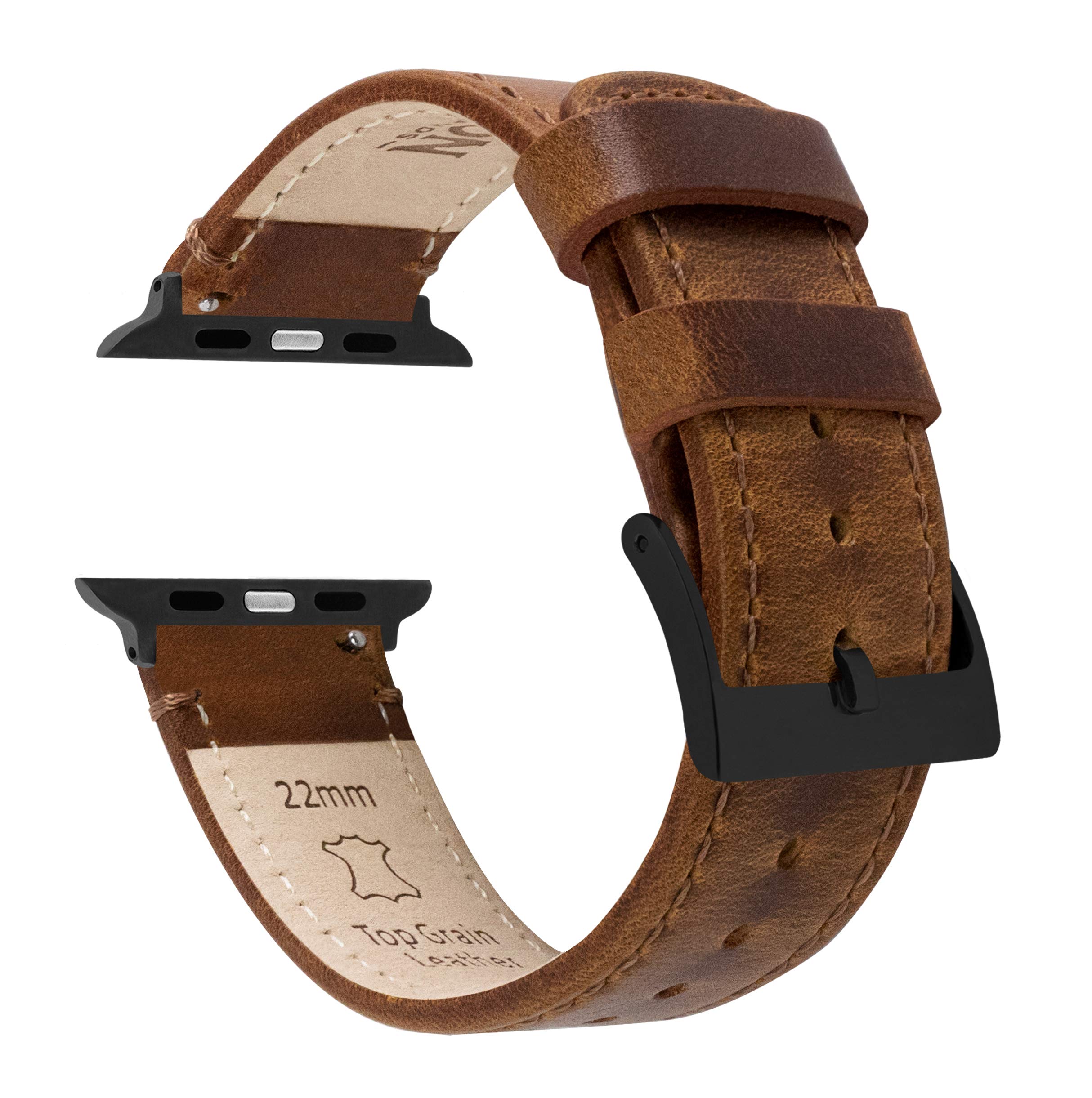 Barton Leather Watch Band (22mm) | Genuine Top Grain Leather Strap with Quick Release Black PVD Buckle | Compatible with Classic & Smart Watches | Comfortable, Durable, Stylish, Waterproof - Caramel Tan