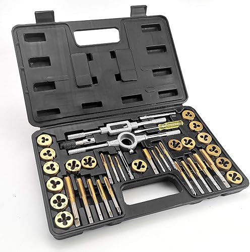 Miniatura 6 de Azuno Juego de 40 piezas de roscas métricas y troqueles, acero con rodamiento GCr15 recubierto de titanio con mango en T, llave,