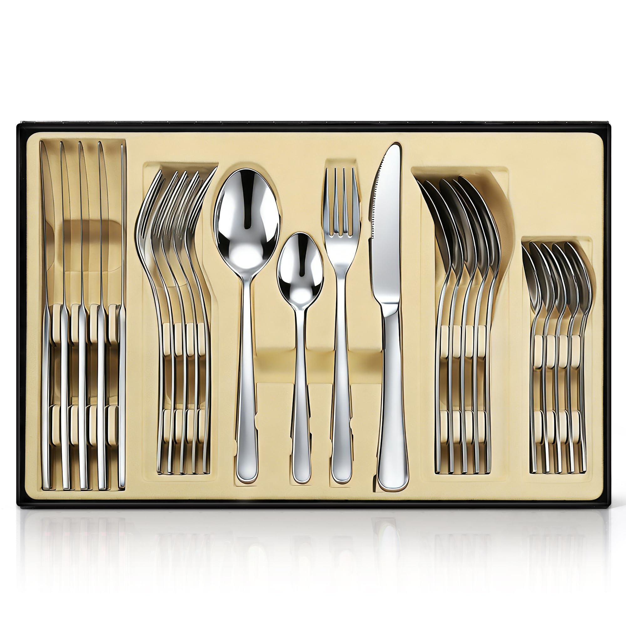 Juego de cubiertos de plata, 24 piezas de acero inoxidable pulido espejo, juego de utensilios de cocina para 6 personas, vajilla para el hogar y el restaurante con caja de regalo