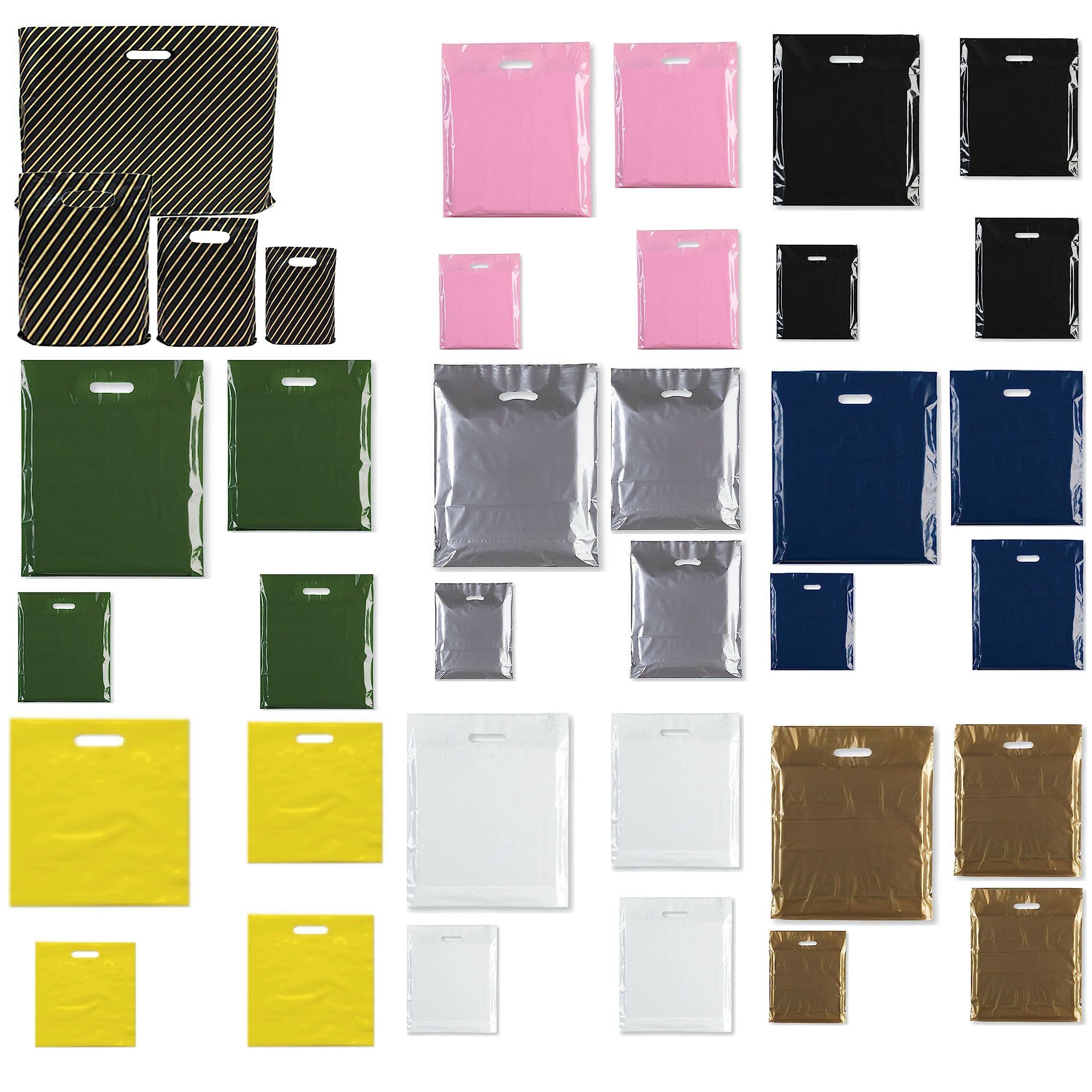100x HEAVY DUTY STRONG COLOREDFULL PLASTIC CARRIER PATCH HANDLE BAGS, PARTY, BOUTIQUE GIFT BAGS (Black & Gold, 10 x 12) — image 1