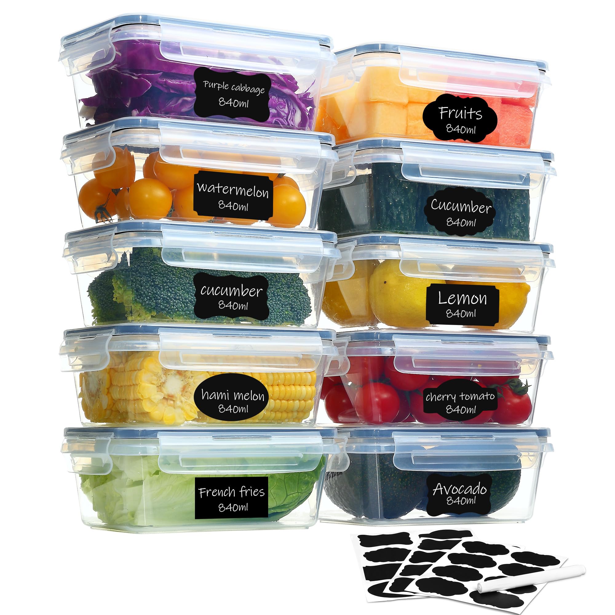 Goldeluxe 10 Food Storage Containers with Lids, Freezer Containers, Meal Prep Boxes, BPA-Free, Airtight, Stackable - Tupperware Set for Food Box, Freezer Container & Kitchen (10 x 0.84 L)