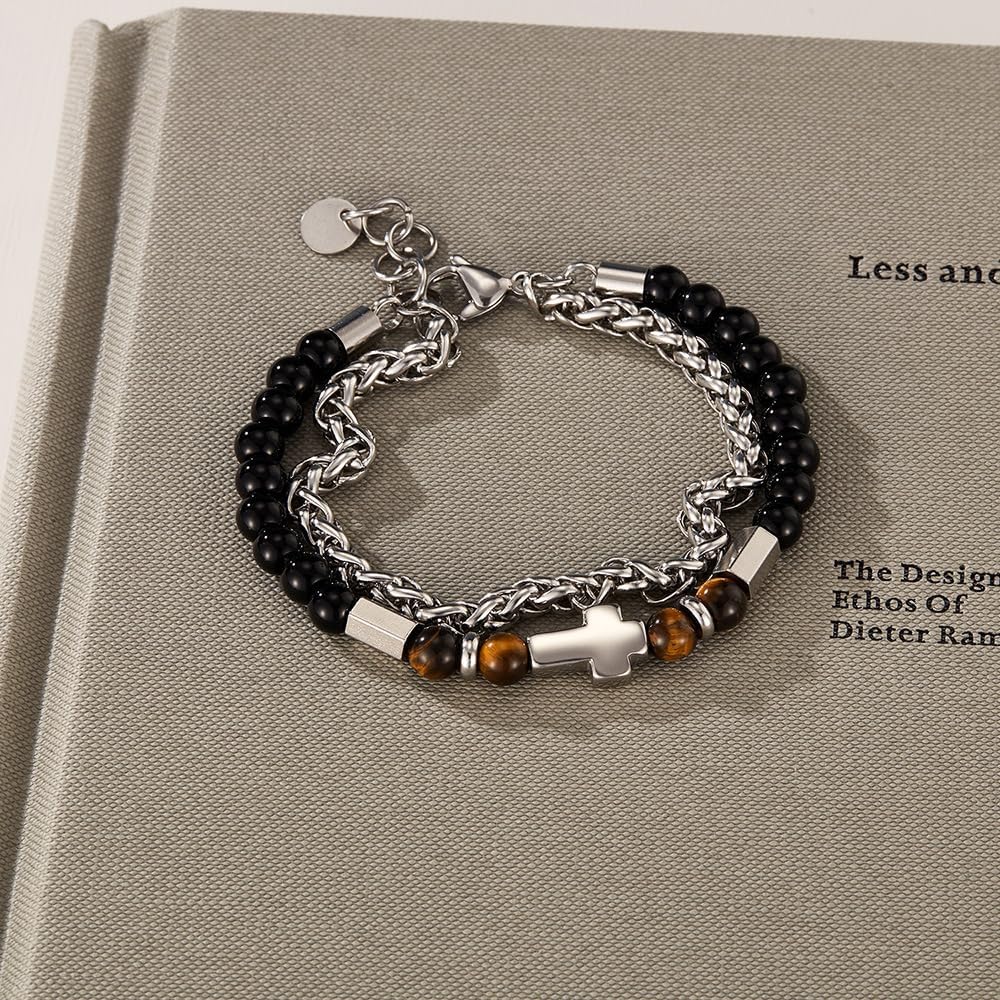 Cross Bracelet for Men,Stainless Steel Black & Tiger Eye Beaded Bracelet with Silver Religious Chain and Cross Charm Two Strand Adjustable Wristband Christian Jewelry 21 cm / 8.26 inches - Image 4